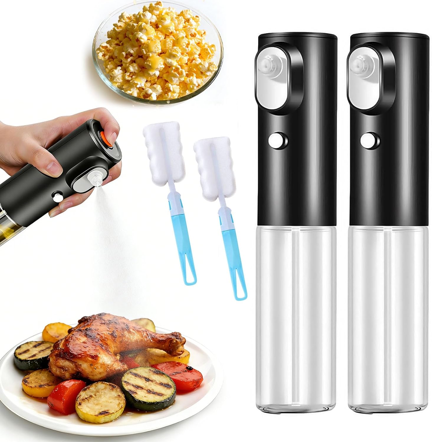 Electric Butter Sprayer for Popcorn, 200ml Rechargeable Butter Dispenser & Oil Sprayer Bottle, 2 Modes Adjustable Continuous Fine Mist for Cooking, Air Fryer, Baking, BBQ & Grilling (2Pcs)