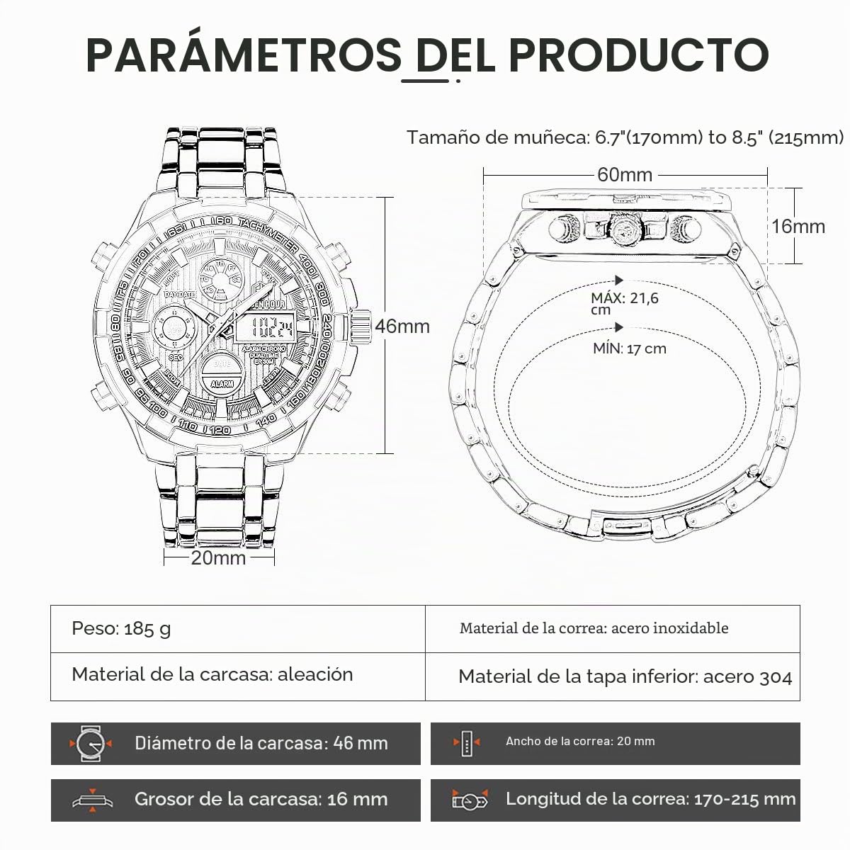 GOLDEN HOUR Reloj de Pulsera analógico Digital de Acero Inoxidable para Hombres y Hombres al Aire Libre, Resistente al Agua, Gran Reloj de Pulsera