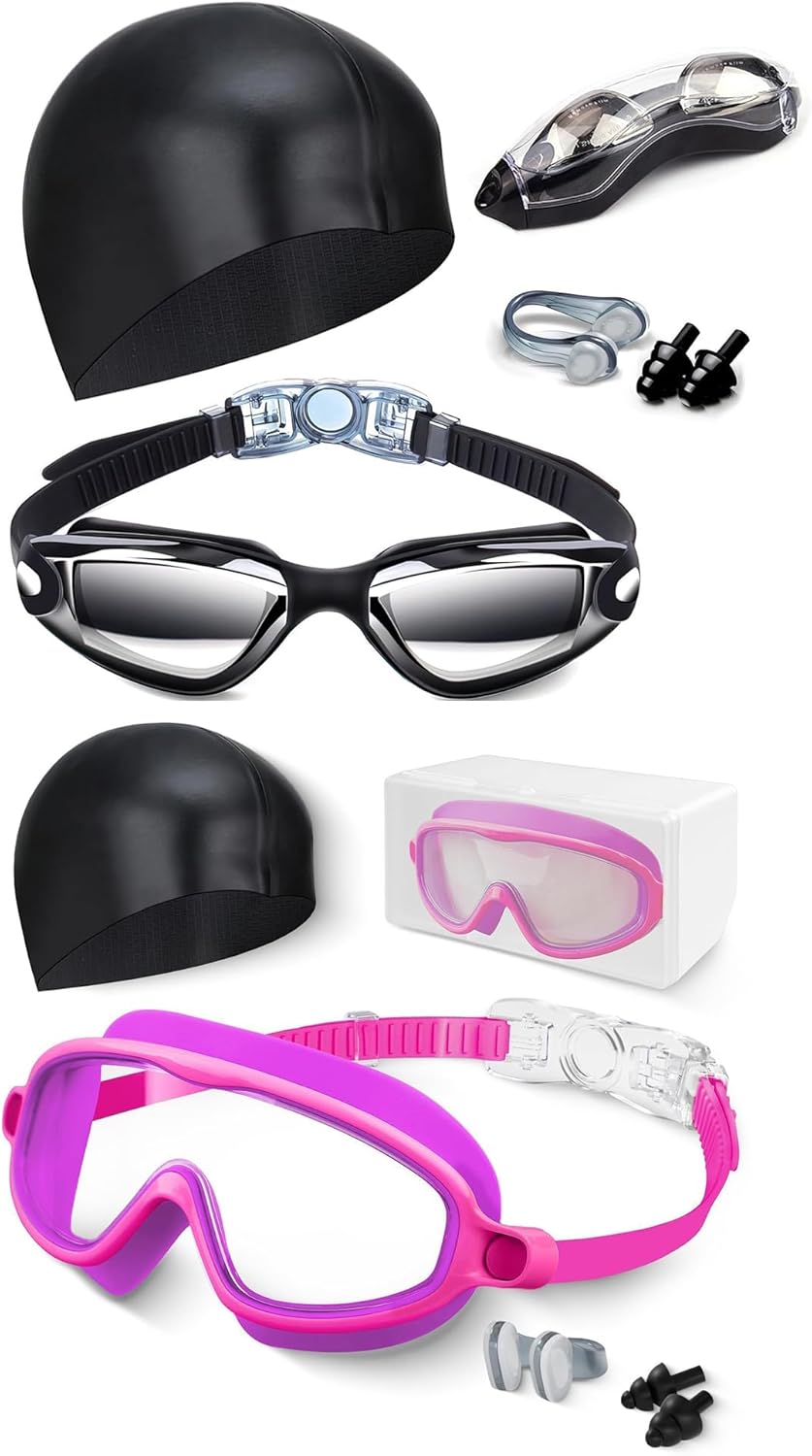 Goggles Adult & Kids Swim Goggles with Swim Cap, Anti-fog, UV Protection and Wide View