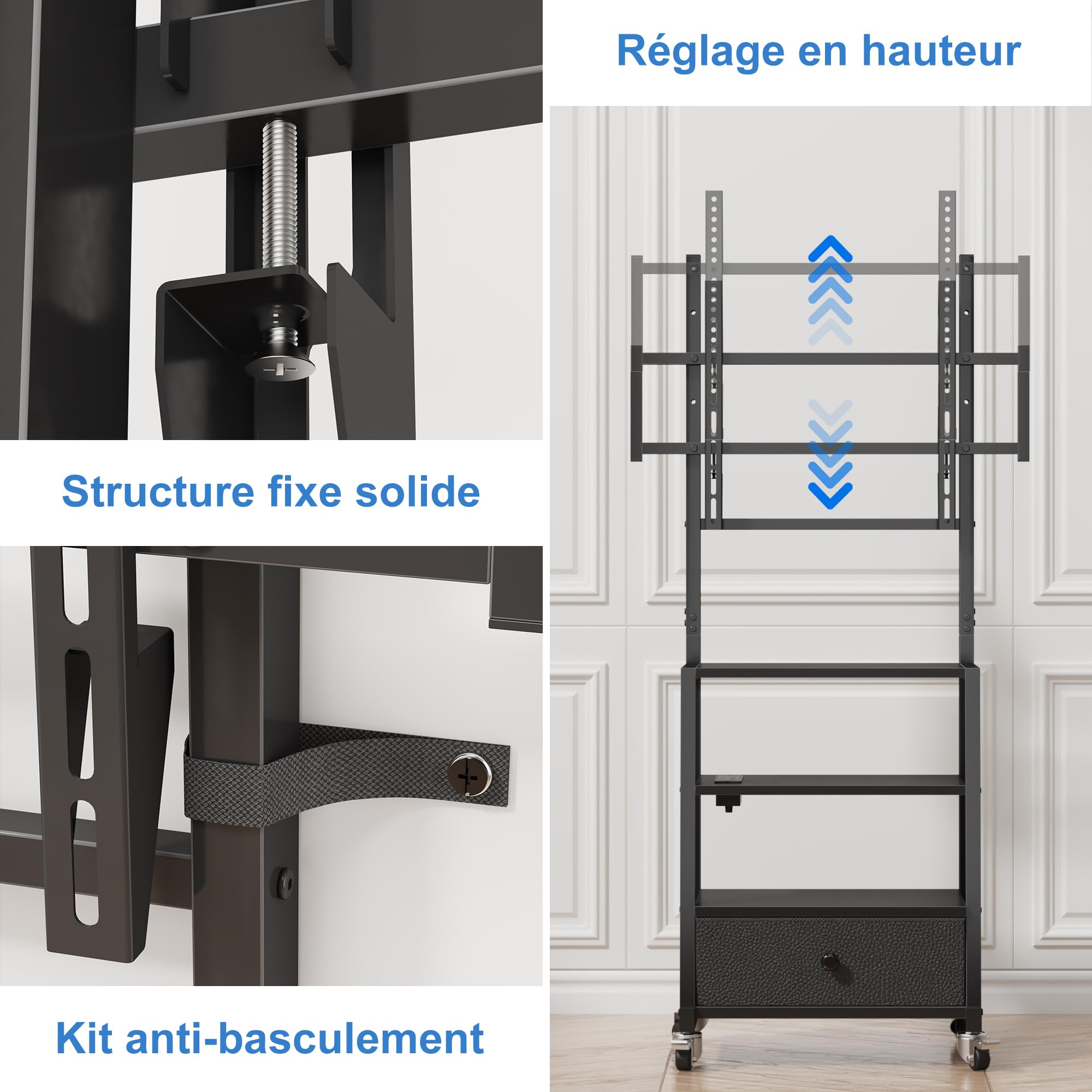 Meuble TV Roulette avec Prise & Tiroir 32-75" VESA 600x400, Noir | 2 Prises + 2 Ports USB | Tiroir Tissu | Rangement Étagère | Hauteur Réglable | Roulettes | Charge 50kg | Salon/Bureau