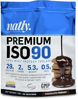 NATLY PREMIUM ISO90 PROTEIN 1kg | Sabor Chocolate | Aislado de Proteína de Suero de Leche con DigeZyme® y LactoSpore® | 29g de Proteína por dosis