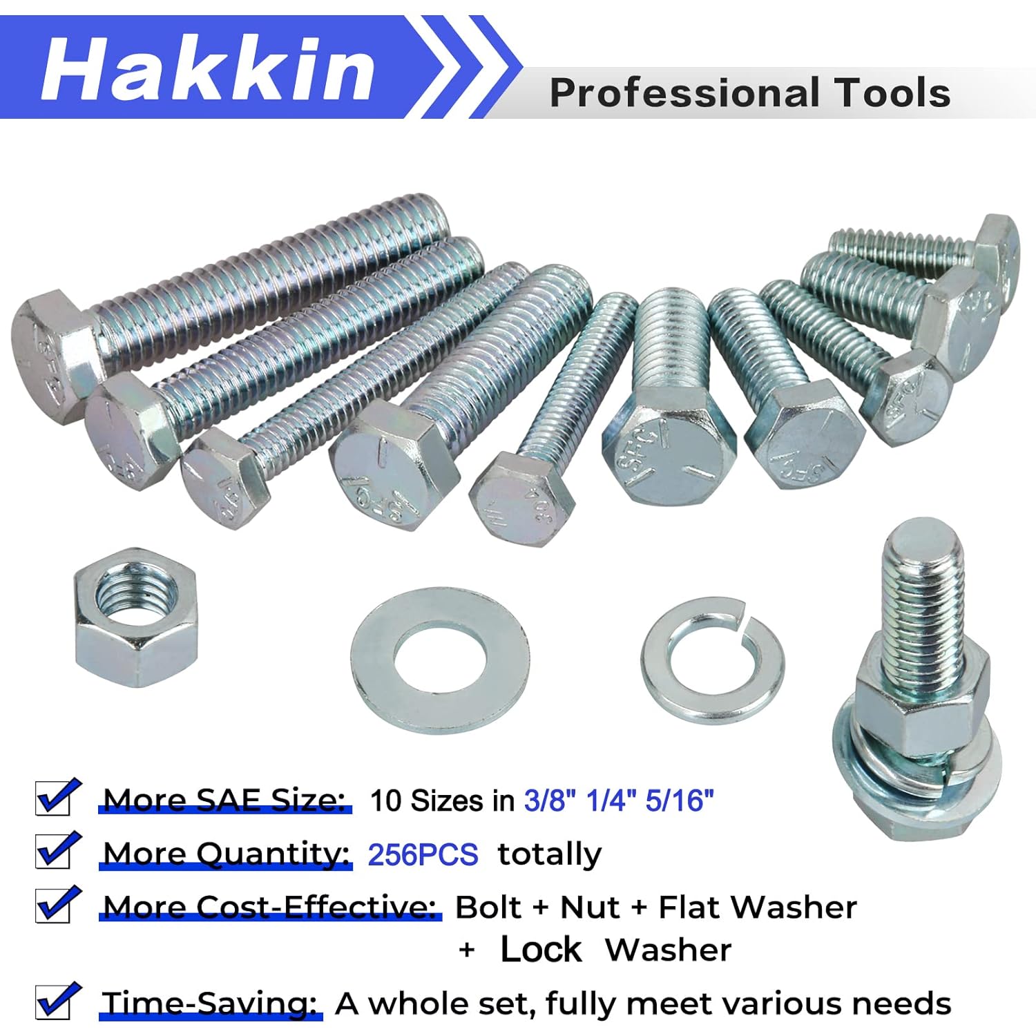 Hakkin 256PCS Heavy Duty Bolts and Nuts Assortment Kit, 1/4-20, 5/16-18, 3/8-16 Hex Bolts Screws Nuts Flat Lock Washers Assortment Kit, Blue Zinc Grade 8.8 Machine Screws Set with Storage Case