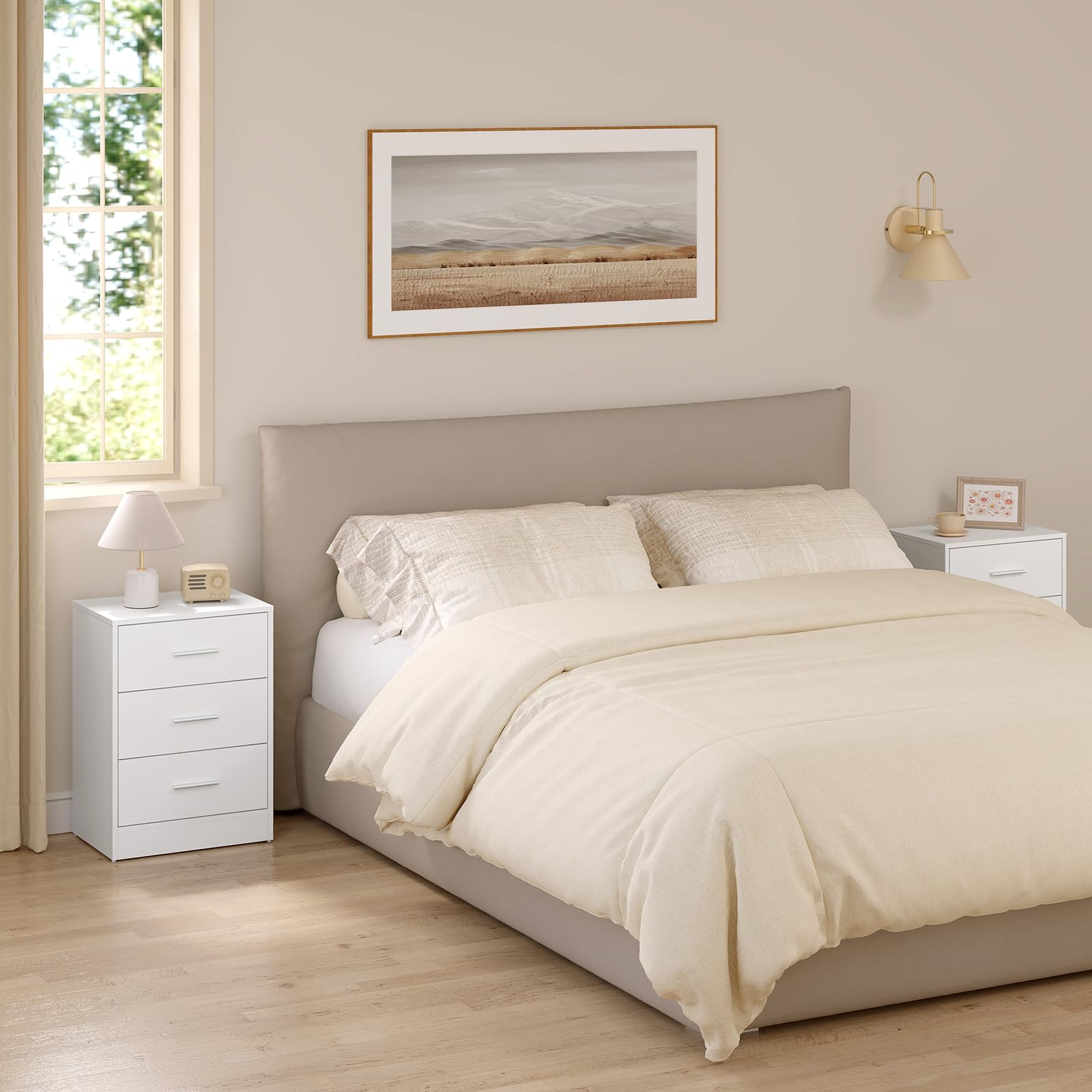 WOLTU Set di 2 Comodini Moderni con 3 Cassetti, Grande Capacità, Tavolino da Letto per Camera da Letto, Soggiorno e Ufficio, 39x28x54cm, Bianco, NTS26hei-2