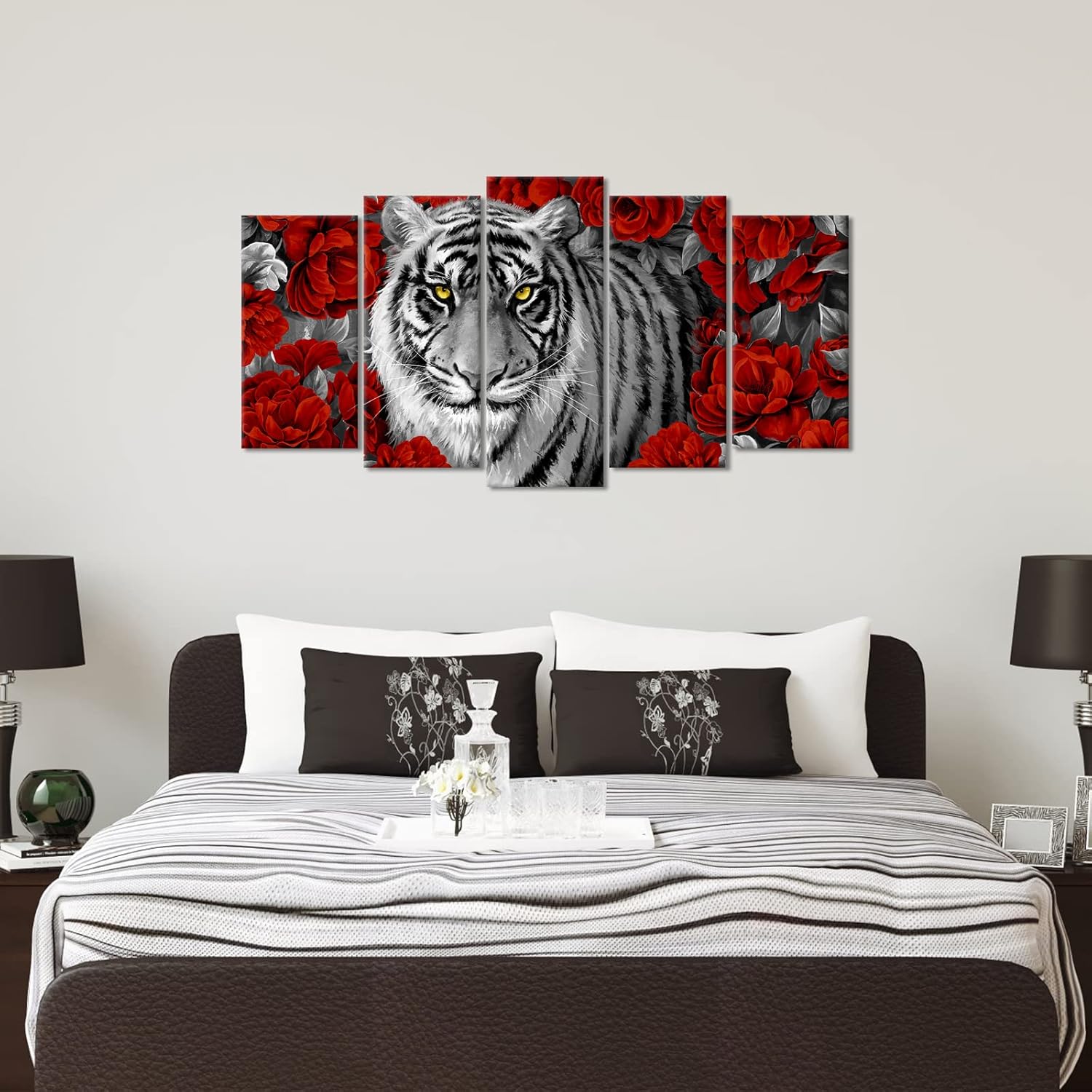 Kalormore Black and White Tiger Canvas Wall Art 5 Pieces Animal Wildlife Cool Tiger in Burgundy Red Flowers Painting Prints Gallery Wrap Artwork for Living Room Bedroom Home Office (L-60 xH-32)