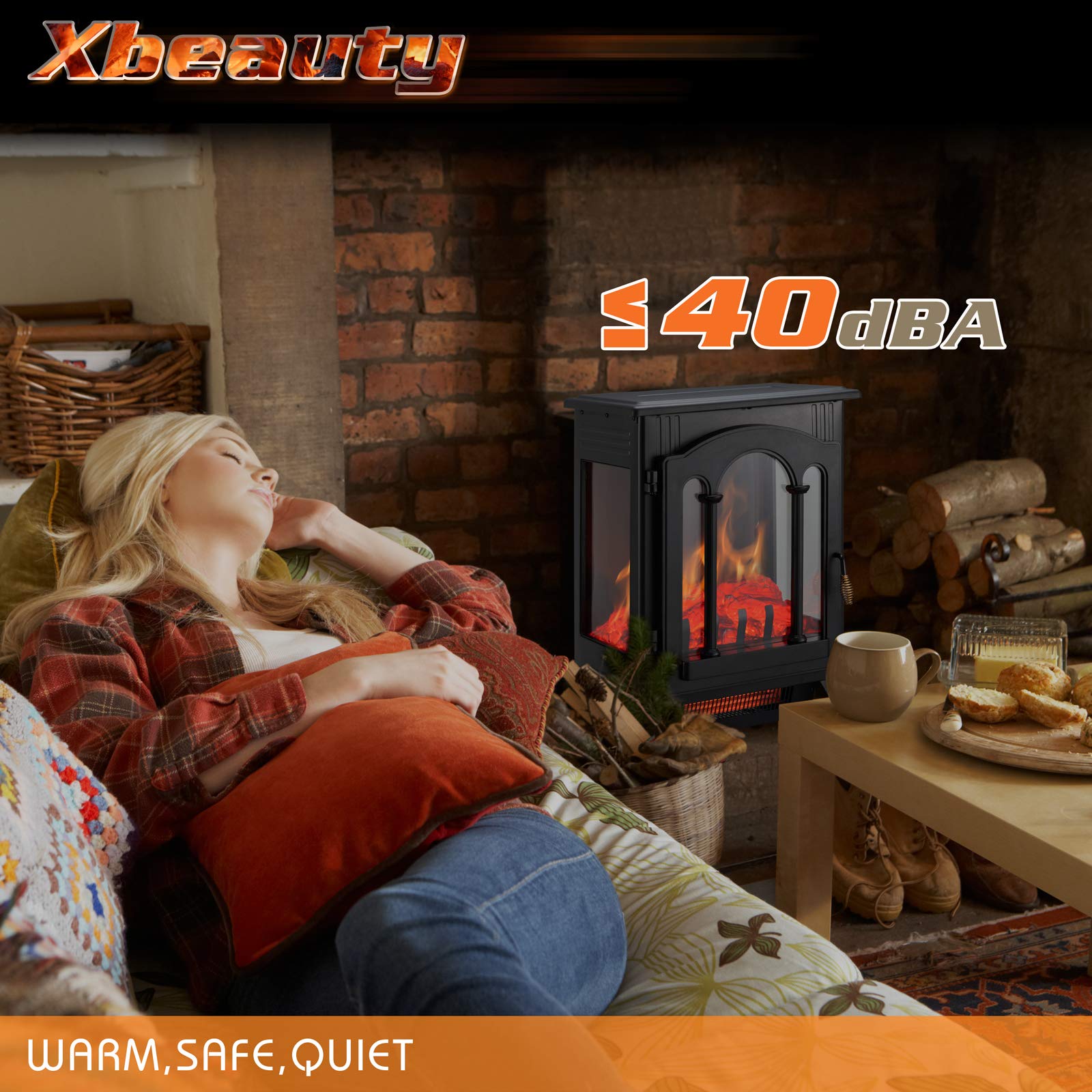 Xbeauty 16'' Electric Fireplace Stove, Freestanding Fireplace Stove with Adjustable Realistic 3D Flame Effect, Overheating Protection, 1000W/1500W
