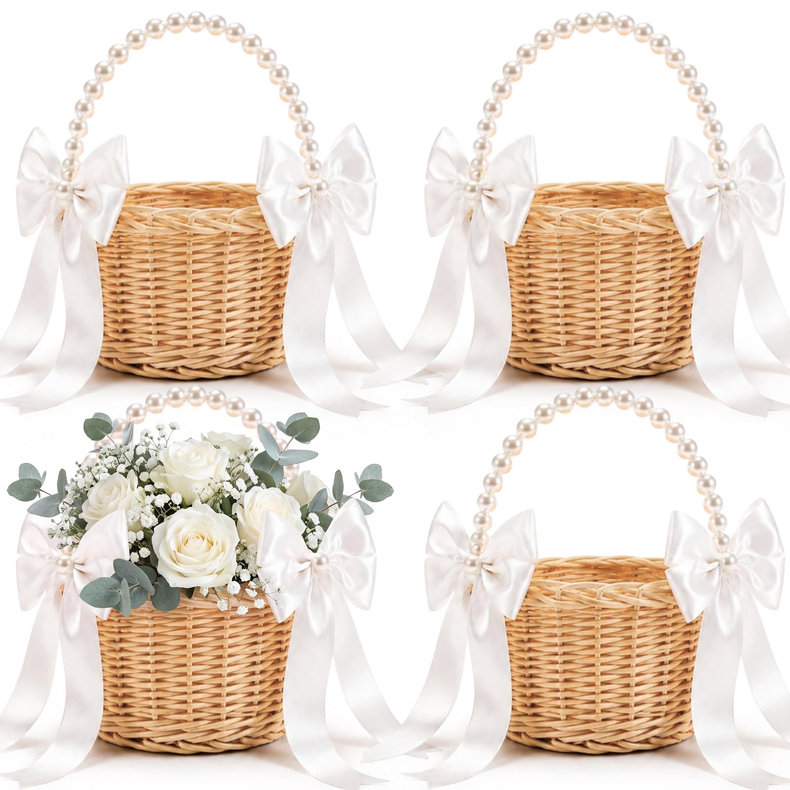 Thyle 4 Pcs Wicker Flower Girl Baskets Handled,White Pearls,Bow