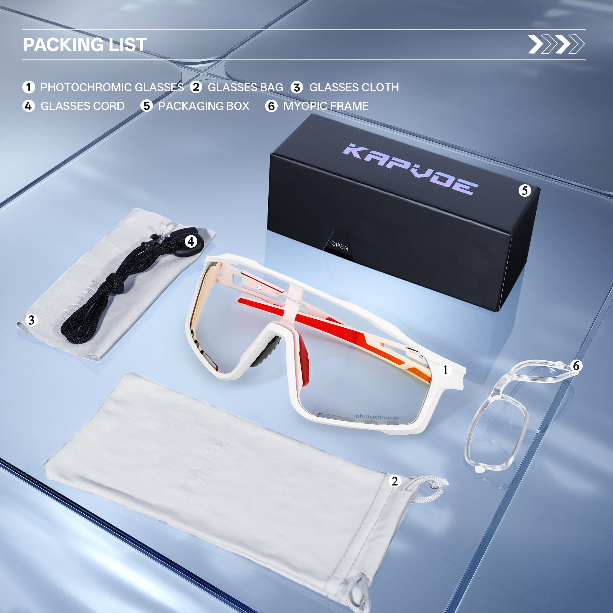 KAPVOE Gafas de Ciclismo Fotocromáticas UV400 Hombre Mujer K76 | Transparente a Negro fotocromática CAT.0-CAT.2, UV400, ventilación, almohadilla 3 posiciones