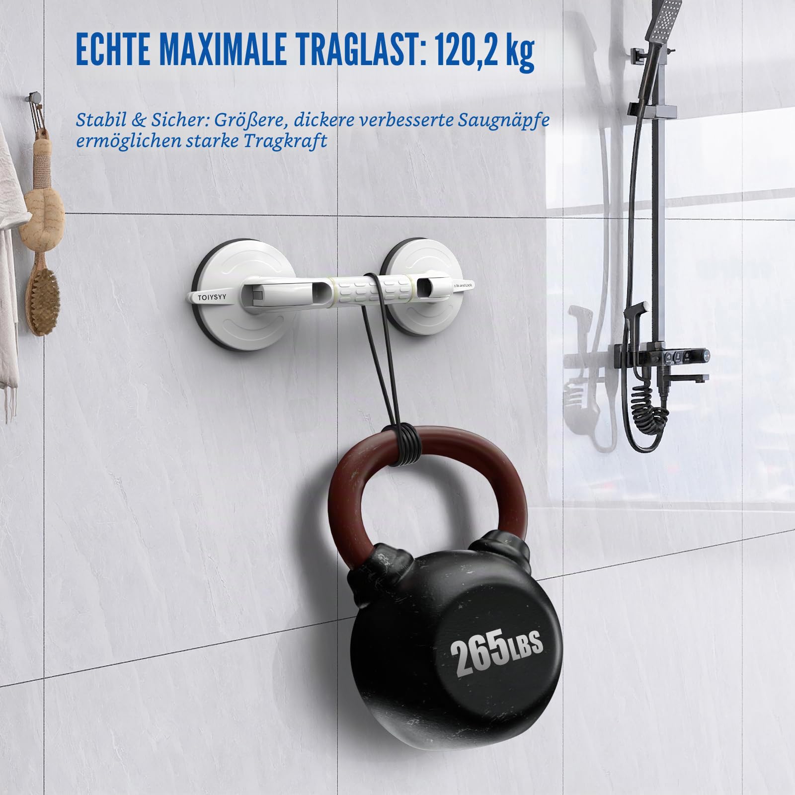 2 Stück Haltegriff mit Saugnapf MAX 120KG Haltegriffe für Senioren 38CM Extra Starker Badewannengriff Ohne Bohren mit Leuchtringen für Bad Badewanne Dusche