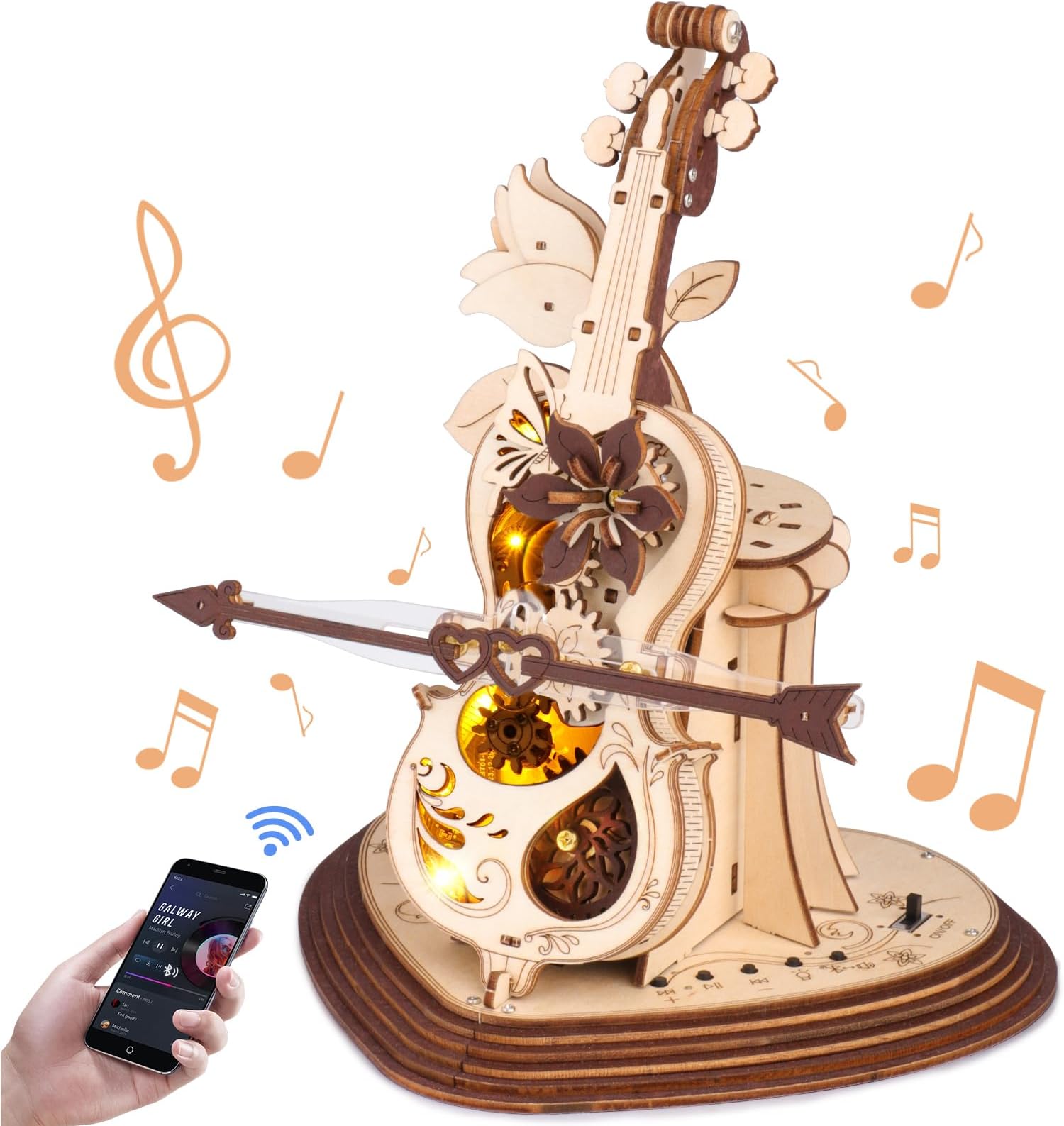 3D Wooden Puzzle Model Kits for Adults to Build, Magic Mechanical Cello Music Box Model with Light, DIY Crafts Kit,Christmas and Birthday Puzzle Gifts for Teens & Adults