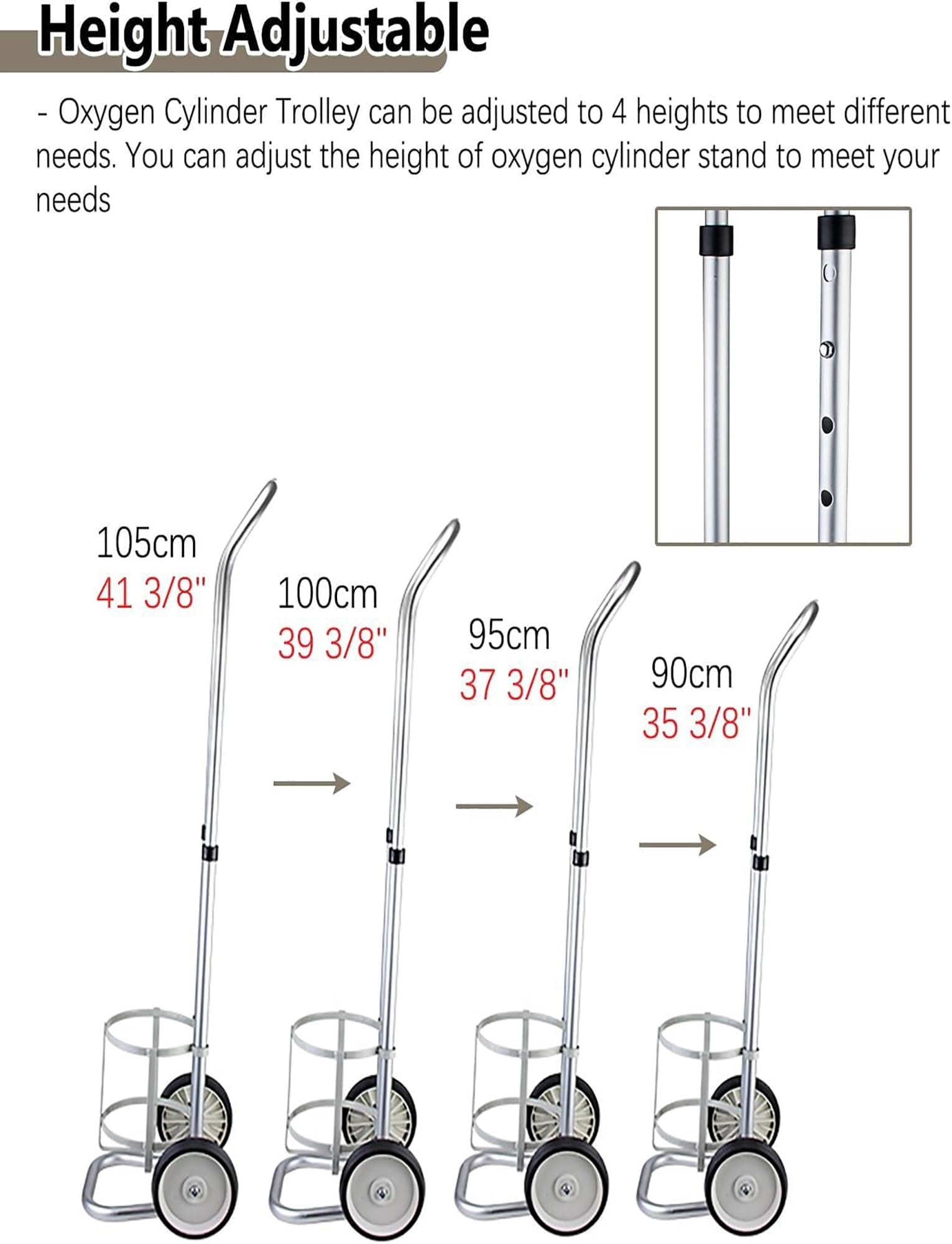 Carrello con cilindro di ossigeno, portatile, in lega di alluminio, con manico regolabile, diametro 125 mm, perfetto per uso domestico e medico