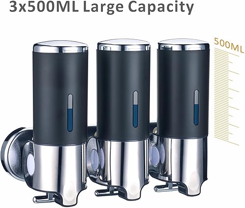 Miniatura 2 de Dispensador de jabón negro montado en la pared para ducha, dispensadores de champú WELLUP sin perforar, dispensador de jabón de ducha de baño de