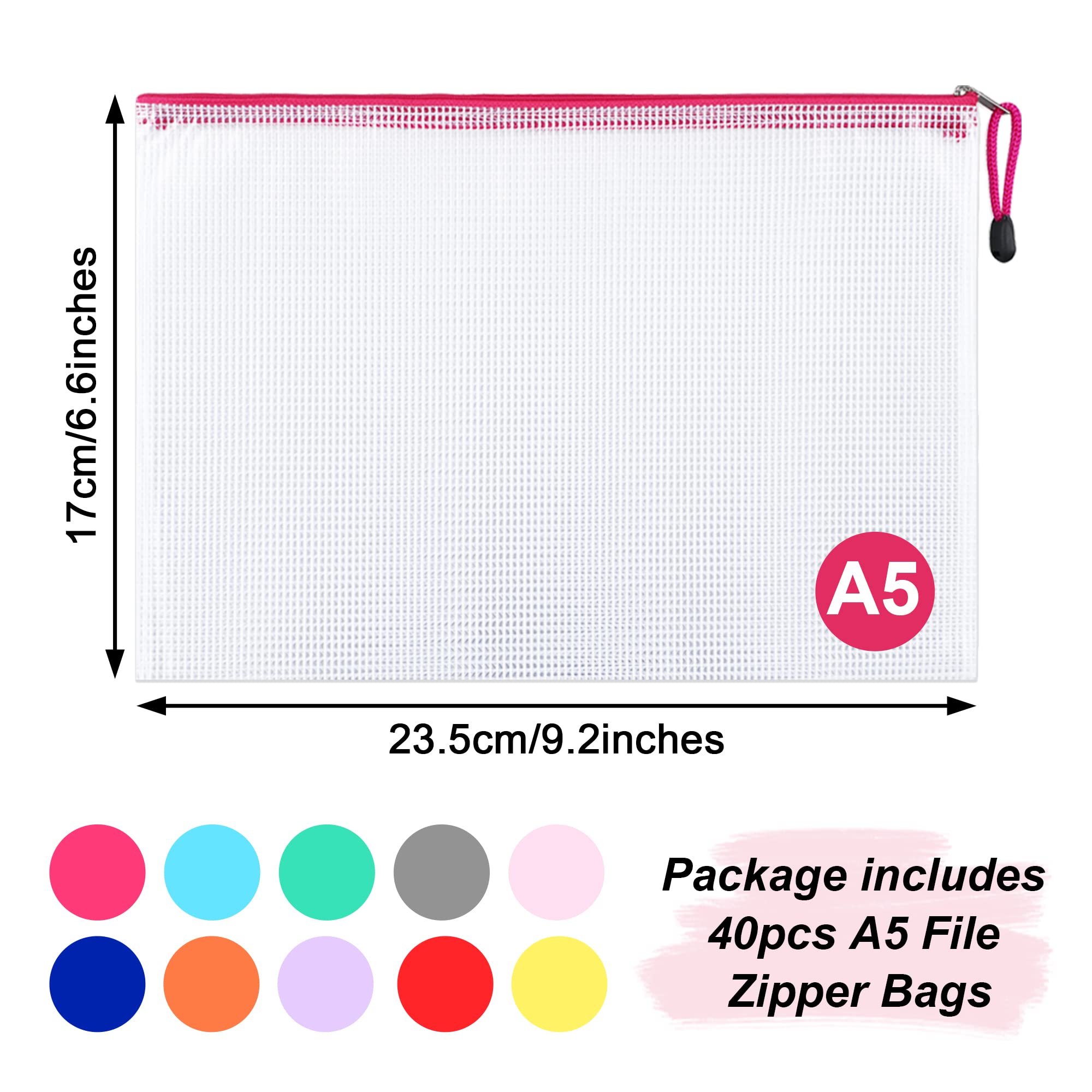 Yoassi 40pcs Borse di File A5 Sacchetto di Zip Impermeabile Mesh Buste Trasparenti, Cartelline Portadocumenti Plastica Colorati per Documenti Ricevute Materiale Scolastico Accessori da Viaggio