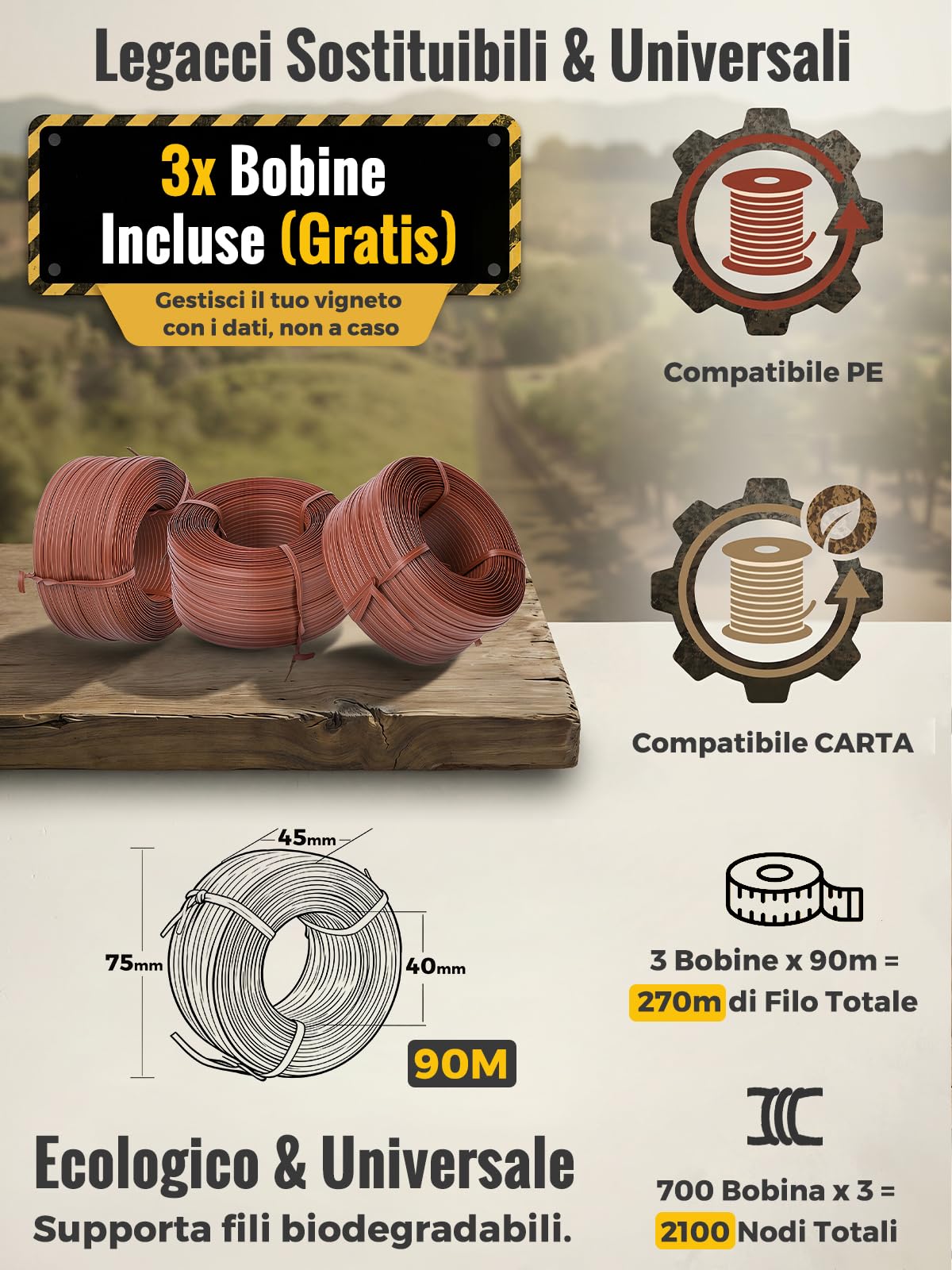 Laecabv Legatrice per Vigneto a Batteria, 6 Livelli di avvolgimento, Legatrice elettrica a 2X2Ah Batteria al Litio, Vine
