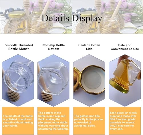 Miniatura 8 de IIKUM Paquete de 20 mini tarros hexagonales de vidrio de miel de 15 onzas con moños de madera tapas doradas colgantes de abeja bolsas de regalo