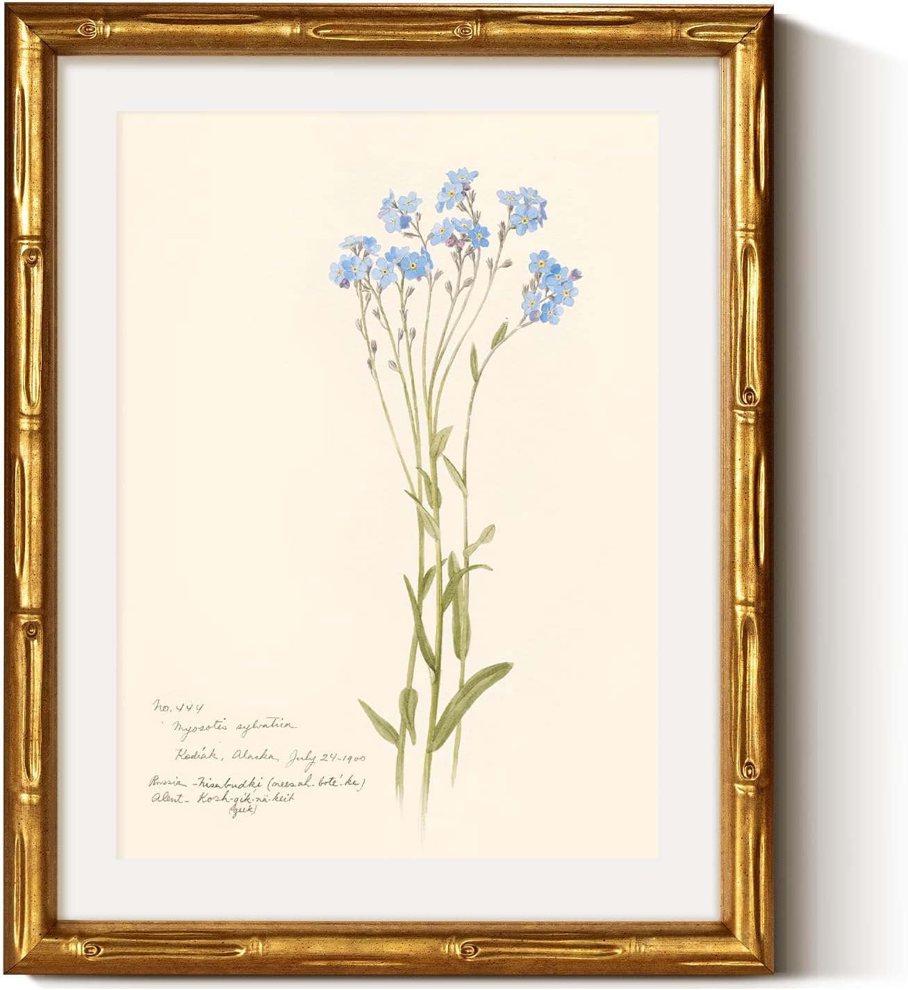 VIYYIEA Gold Framed Bamboo Wall Art, Vintage Blue Stem Botanical Canvas Painting, Antique Picture Frame with Mat, Retro Wall Decor for Living Room Bathroom Bedroom, 14L x 11W