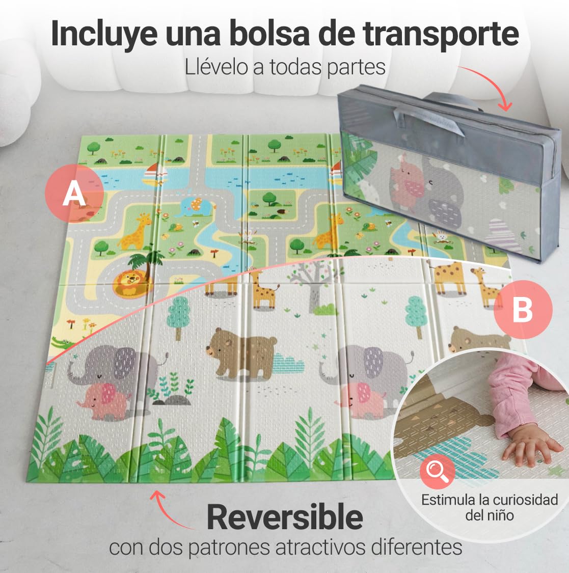 MIKMEL Alfombra Bebe Acolchada Plegable Reversible – Tapete Actividades y Juegos para Niños, Colchoneta de Suelo XPE Impermeable para Gateo – Diseño Carreteras/Animales – 180x150x1cm