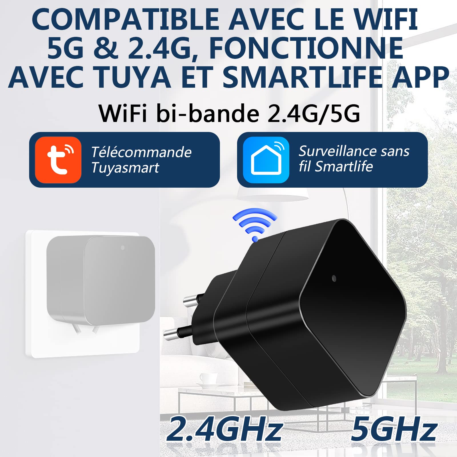Caméra Espion WiFi 5G, Mini Caméra Cachée sans Fil 1080P HD, USB Chargeur Micro Espion Enregistreur de Surveillance Camera Miniature a Distance avec Détection de Mouvement