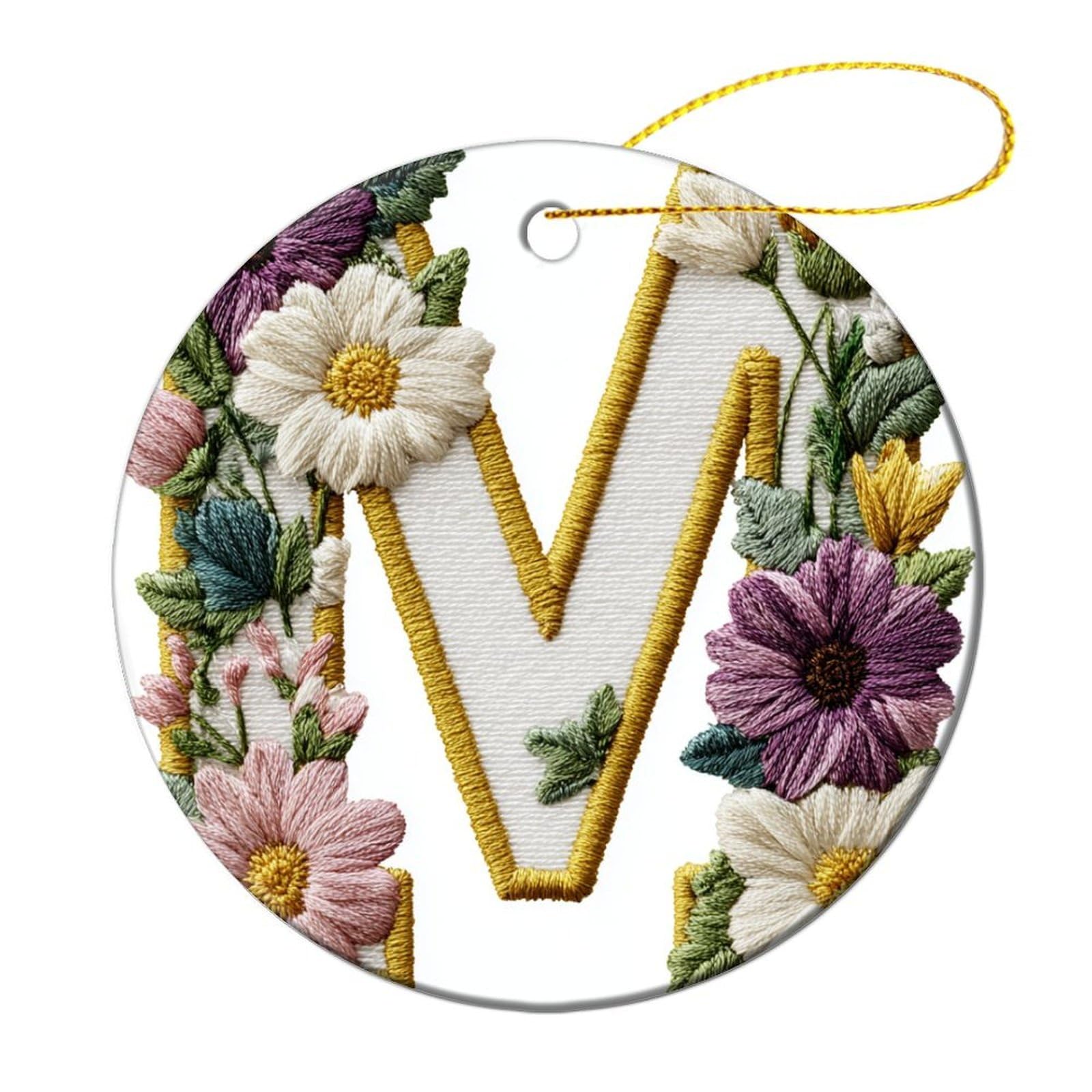 Embroidered Letters M with Flowers Leaves Christmas Tree Hanging Ornaments,2 Pieces, 7.2CM Round Double-Sided