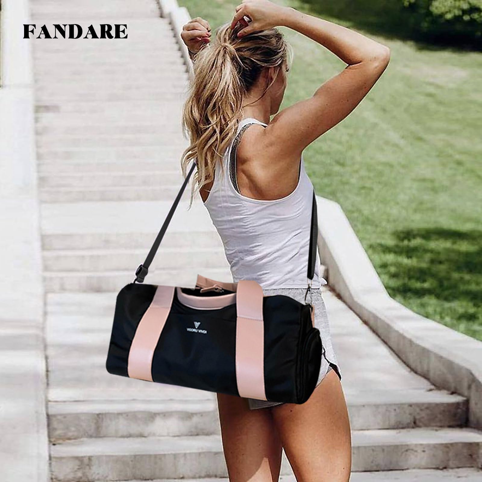 FANDARE Unisex Borsone da Viaggio Borsa Palestra Borsa Sportivo Weekender Borsone Piscina Nascita Ospedale Borsa a Spalla con Scomparto Scarpe & Tasca di separazione bagnata e asciutta Nero Rosa