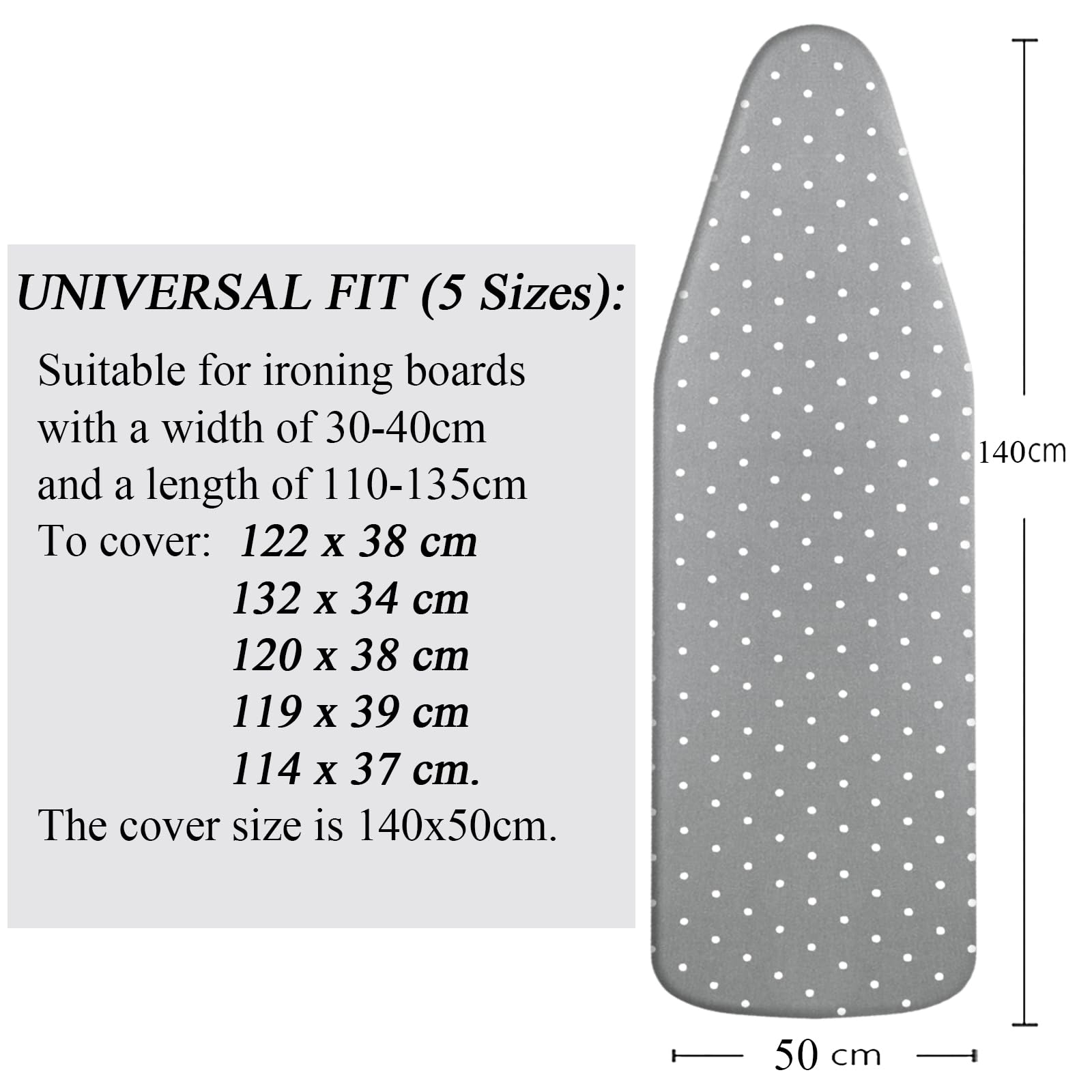 Fundas para tabla de planchar, extra grande, con parte superior 100% algodón y acolchado grueso, fácil ajuste y resistente a las quemaduras (punto gris, L)