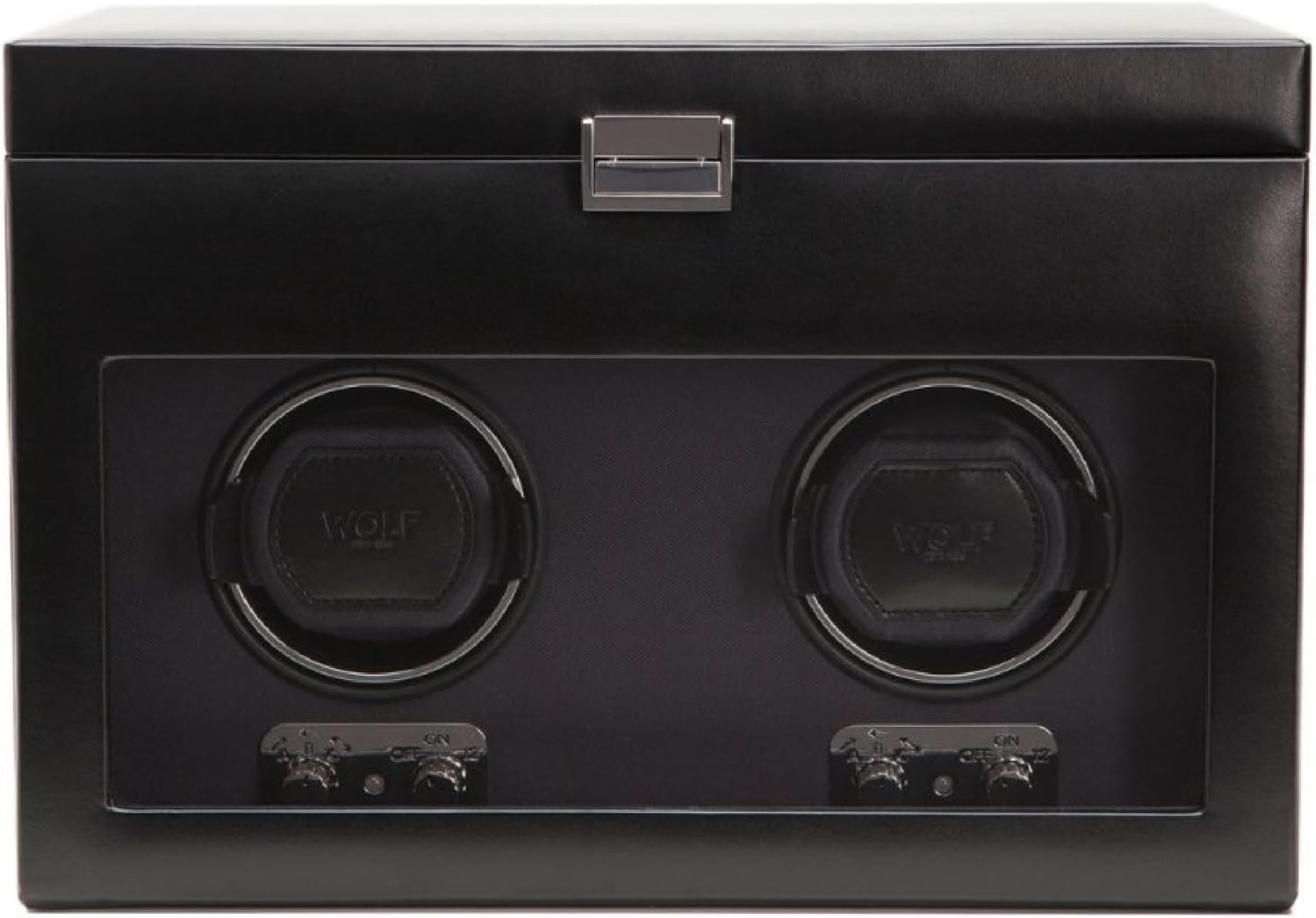 WOLF Heritage Double Winder with Storage, Black - Secure Fit with Patented Lock-In Dynamic Cuff - For Bigger, Heavier Watches - Vegan Leather & Glass Cover - Includes Universal Adapter