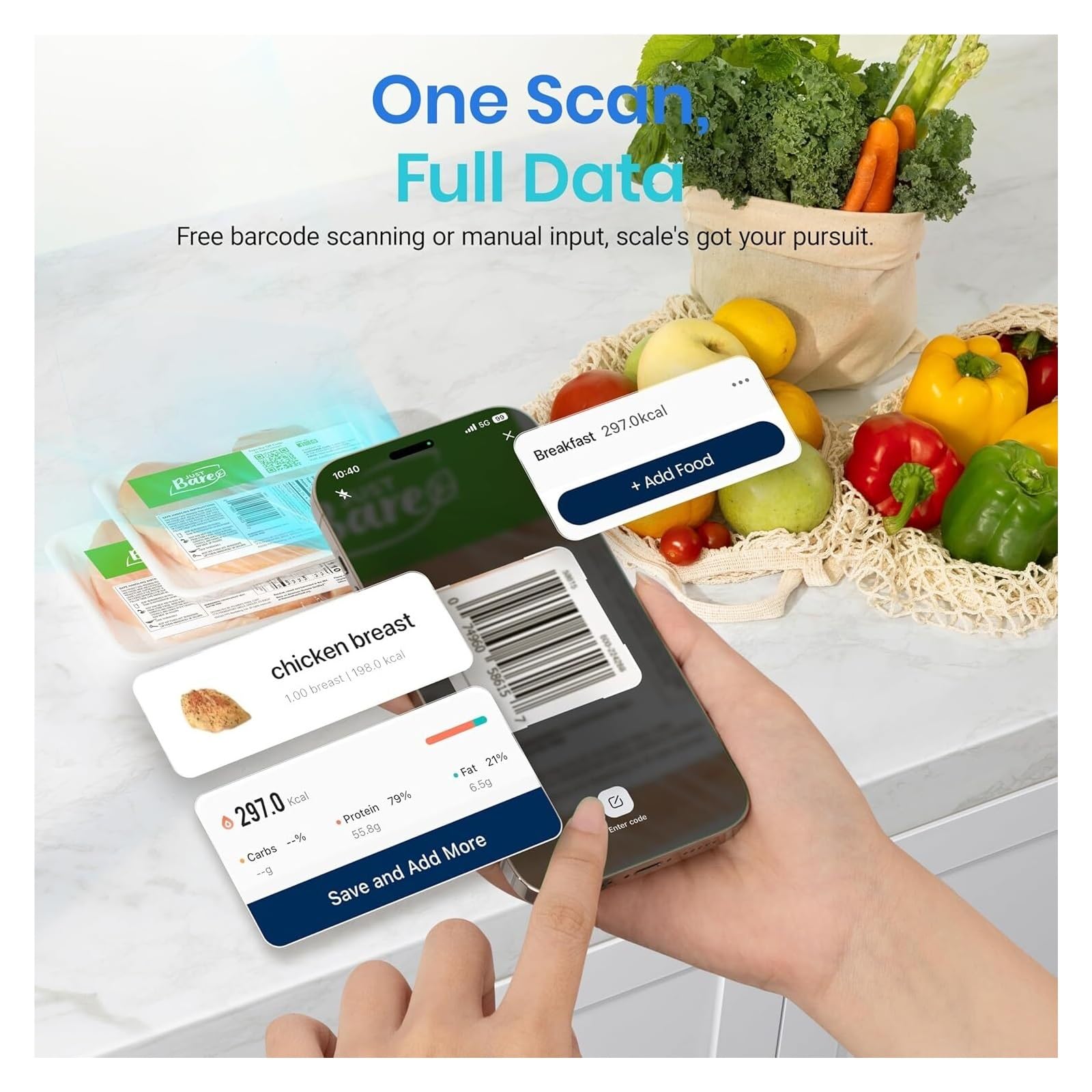 Balanza analítica Digital Báscula Inteligente for Alimentos de 11 LB, rastreador calorías y macros con aplicación