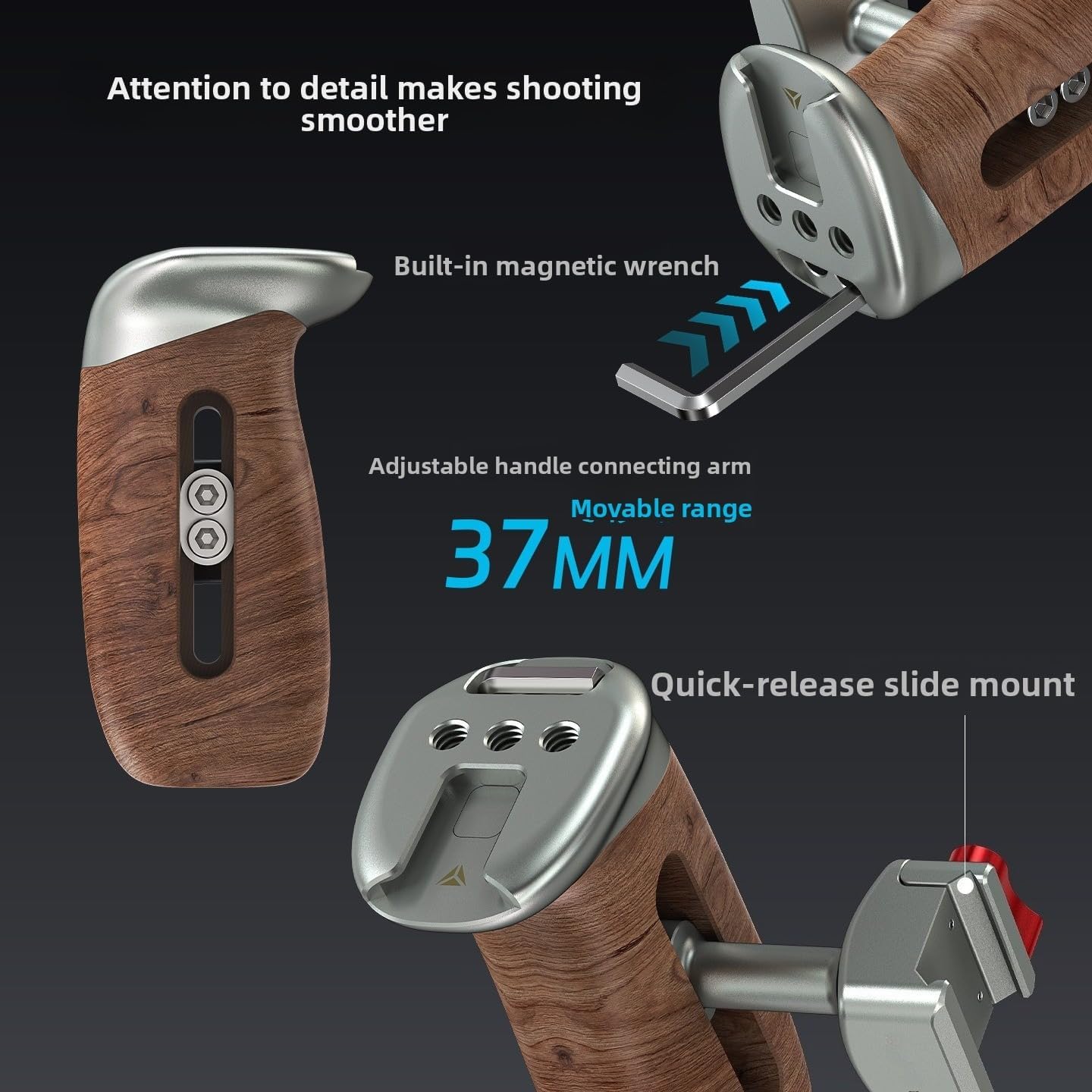 NATO Side Grip, Compatible with Camera Cages, 37mm Height Adjustable, with Built-in 1/4" Threaded Hole, Strap Hole, and Cold Shoe Mount. (Grey)