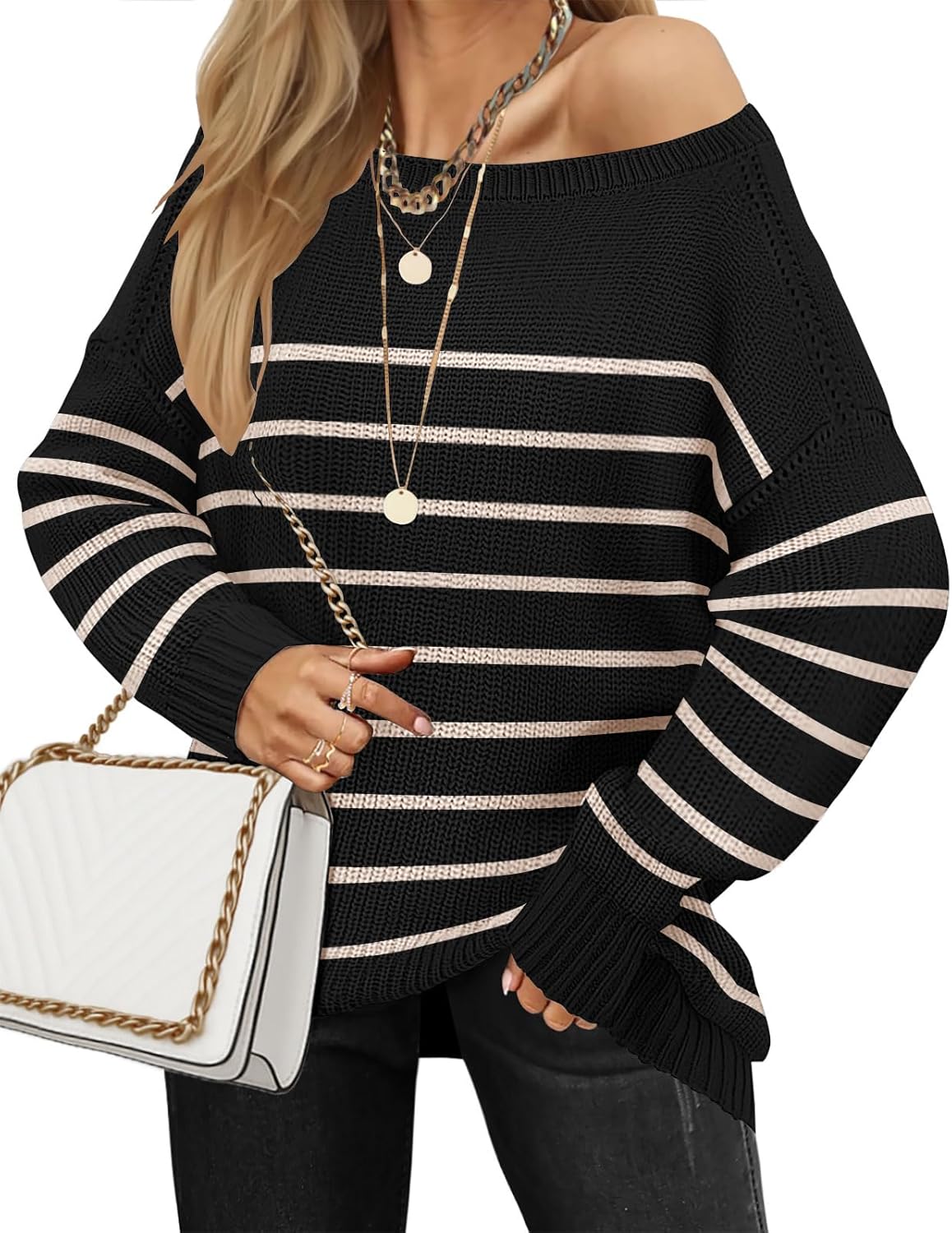 Womens Sweater Casual Chunky Crewneck Batwing Long Sleeve Tunic Sweaters Ribbed Knittd Pullover Crochet Tops