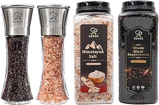 Sponsored Ad - Soeos Whole Black Peppercorns 18OZ + Himalayan Salt 38oz + Grinders 2 Packs.,Black/Pink,4 Piece Set