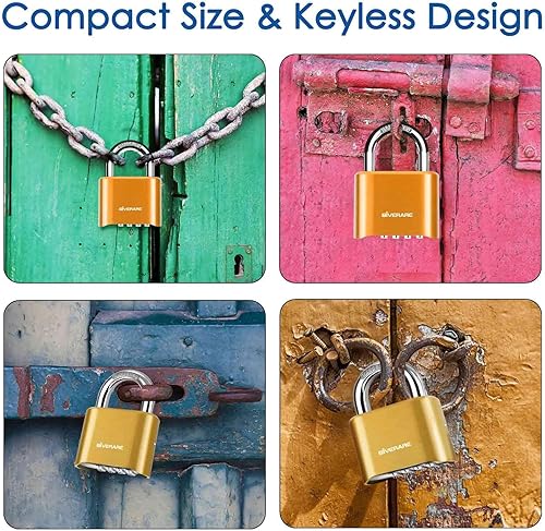 Miniatura 7 de Cerradura de combinación de 4 dígitos, candado de metal resistente, cerraduras de aleación para exteriores con grillete de acero endurecido,