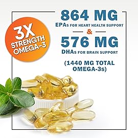 Omega 3 Fish Oil 2400 mg - Triple Strength EPA & DHA Fatty Acids for Heart, Brain & Joint Support - Wild-Caught, Burpless, Lemon Flavor Supplement - Natural, Non-GMO, Gluten-Free - 180 Softgels