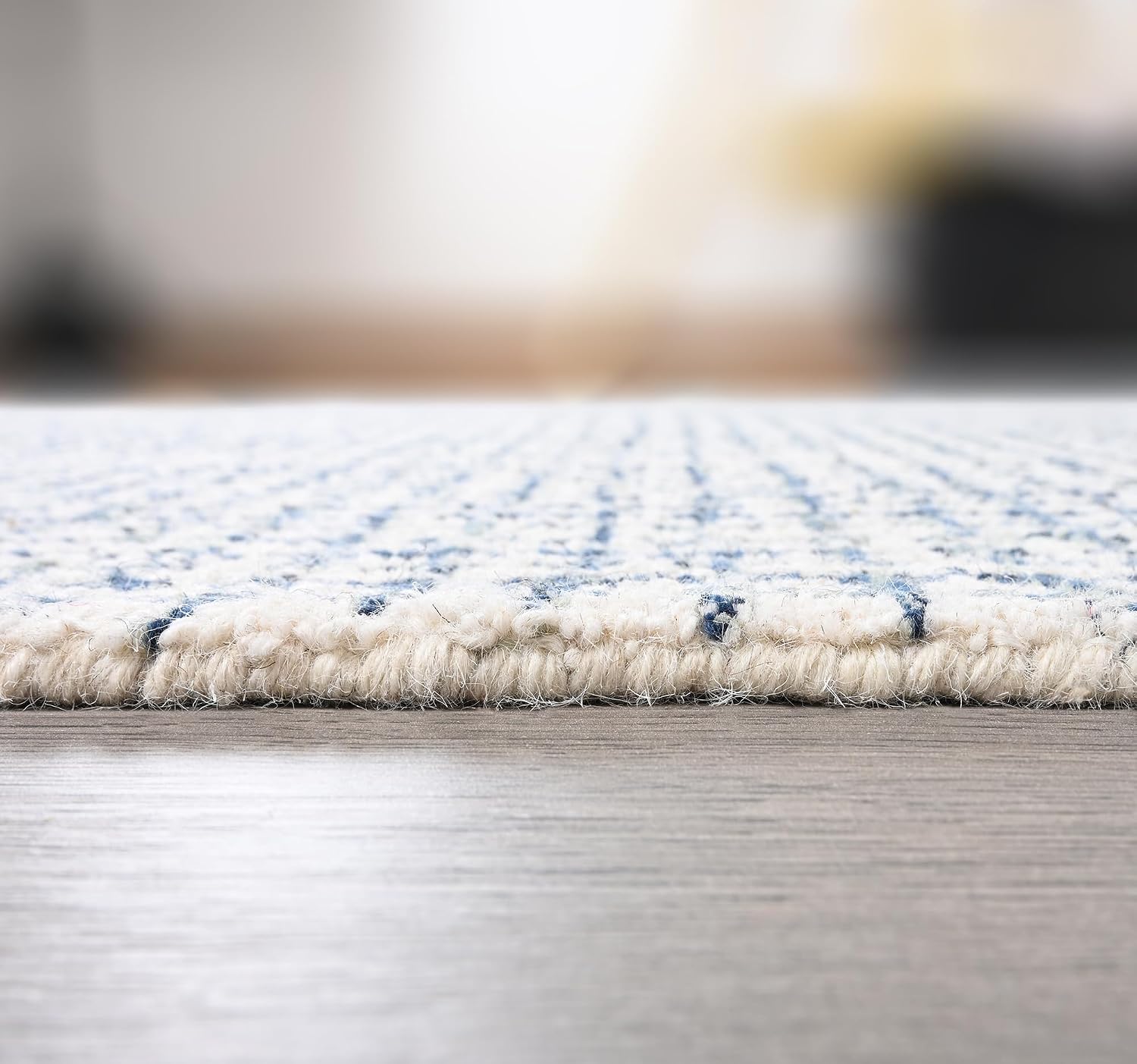 Hand-Tufted 100% Wool Pile Area Rug – Geometric Textured Grid Check Pattern – Thick and Durable Floor Carpet for Bedroom, Living Room, Kids Room, and Dining Area (Ivory Denim, 5' x 8')