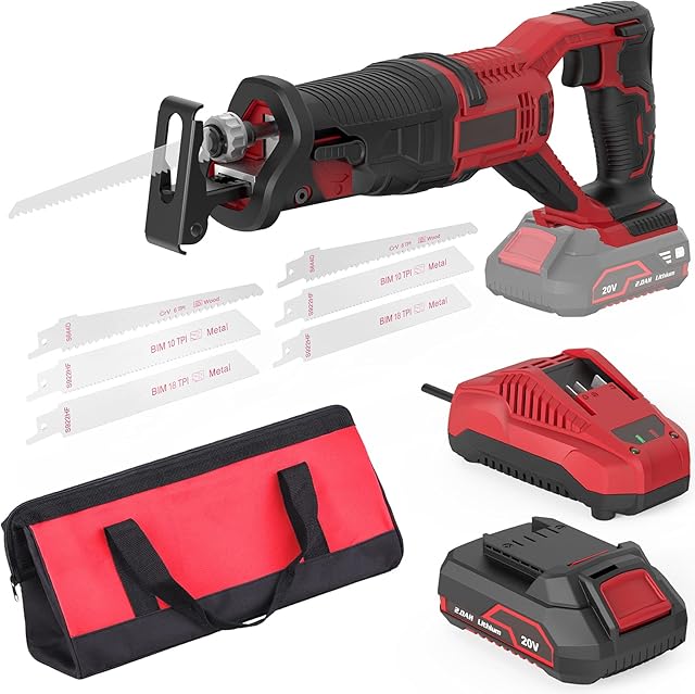 Cordless Reciprocating Saw, 20V 2.0Ah Lithium Battery Pack, 0-3000RPM Variable Speed, 6 Saw Blades Wood/Metal/PVC Pile Cutting Electric Saw with Orbital Cutting Switch