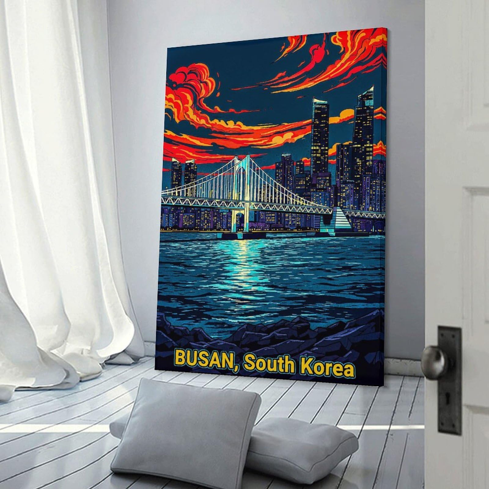 Junmoney Busan, South Korea Cityscape at Night Wall Art Print, 12x18inch(30x45cm), for Study, Office Or Focused Interiors, Home Office Artwork with Decorative Appeal
