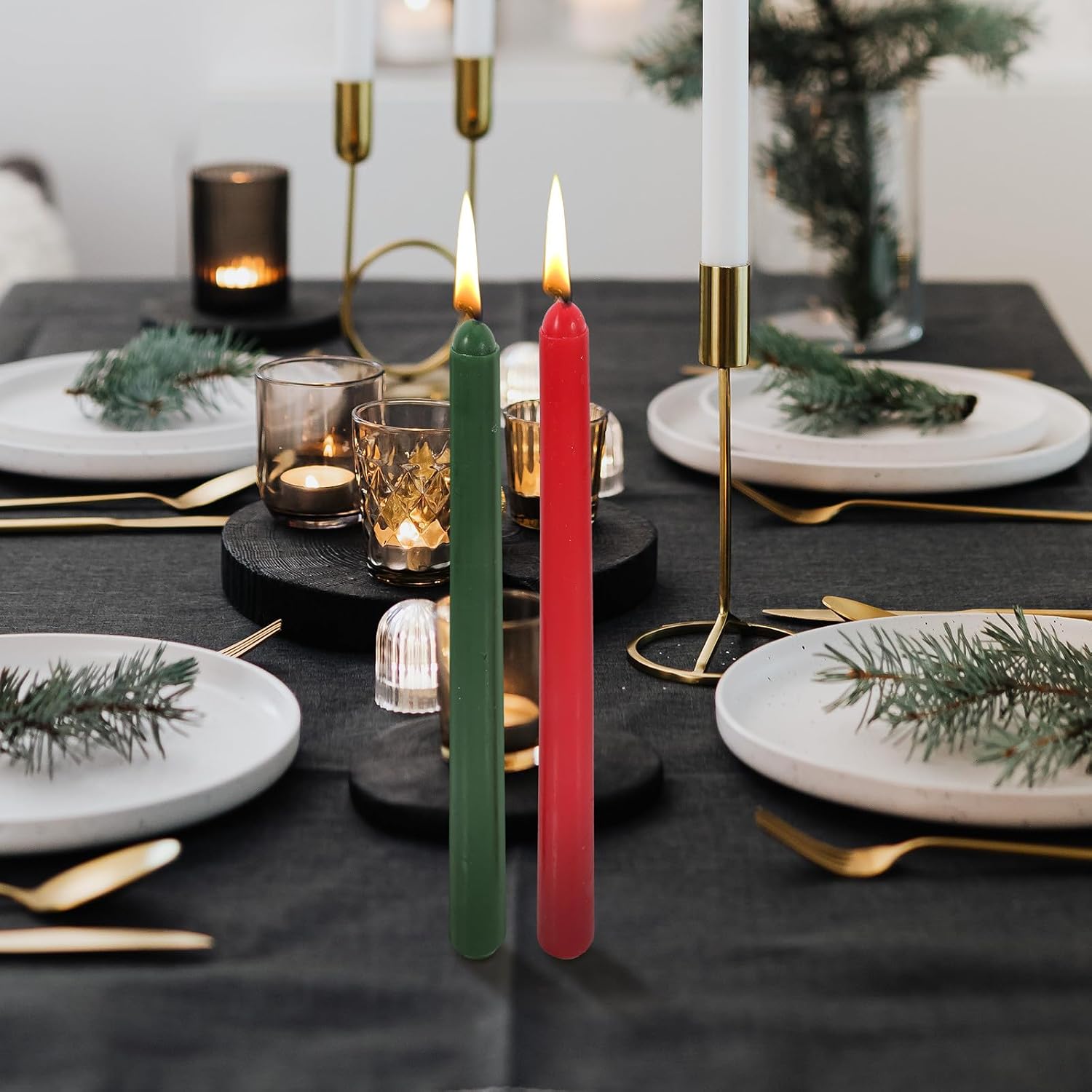 Xmas 4pcs Green Red Soy Wax Unscented Smokeless Taper Candles