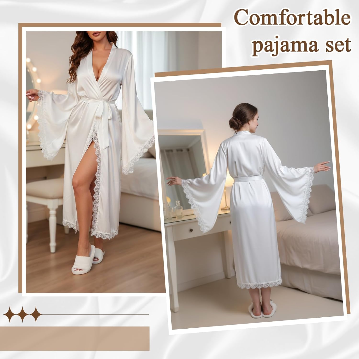 Women's Silk Satin Pajama Sets 3pcs Cami Shorts Sleepwear with Robe Sexy Pj Sets Honeymoon Essentials Valentines Gift - Image 4