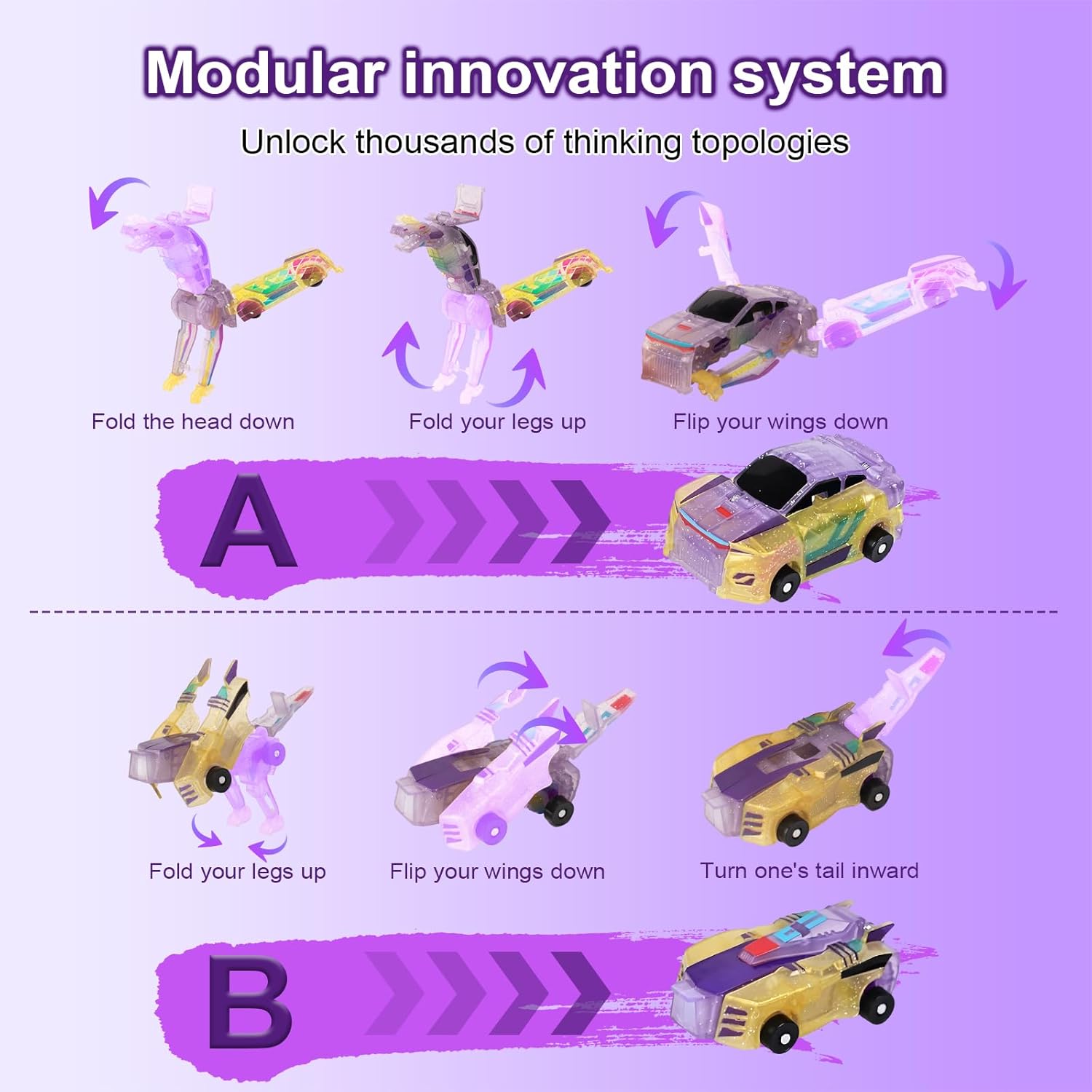 Collision Transforming Dinosaur car Toy | 2-in-1 robo Crash Magnetic Race Cars | Transform into Dinosaurs Robot Toys | for Boys & Girls Age 4-8 (Crystal Purple Dragon)