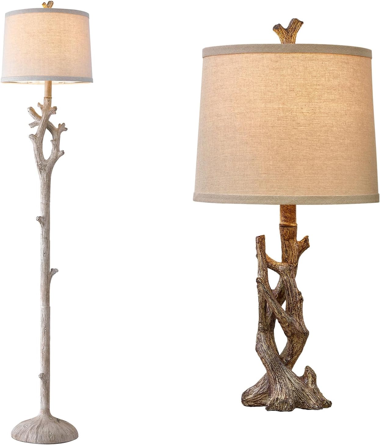 OYEARS 23" Rustic Farmhouse Table Lamp Set & Retro Floor Lamp Country Cottage Lamps for Nightstand Tree Trunk Wood Grain Lamp for Bedroom Living Room with Oatmeal Fabric Round Shade Resin Bedside Lamp
