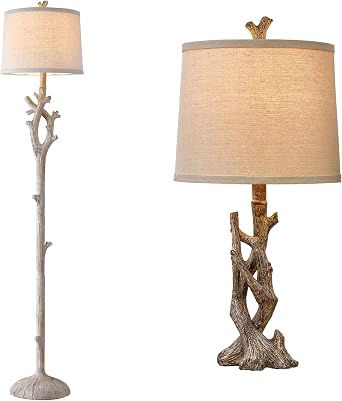 OYEARS 23" Rustic Farmhouse Table Lamp Set & Retro Floor Lamp Country Cottage Lamps for Nightstand Tree Trunk Wood Grain Lamp for Bedroom Living Room with Oatmeal Fabric Round Shade Resin Bedside Lamp