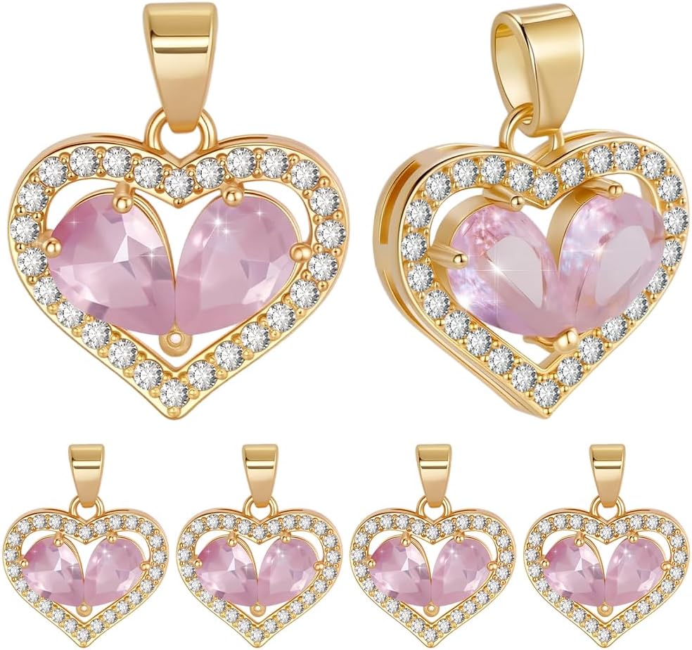 Beebeecraft 8Pcs Rhinestone Heart Charms Pink 18K Gold Plated Dangle Love Cubic Zirconia Valentines Charms for DIY Earrings Necklace Bracelet Crafts Jewelry Making Accessories