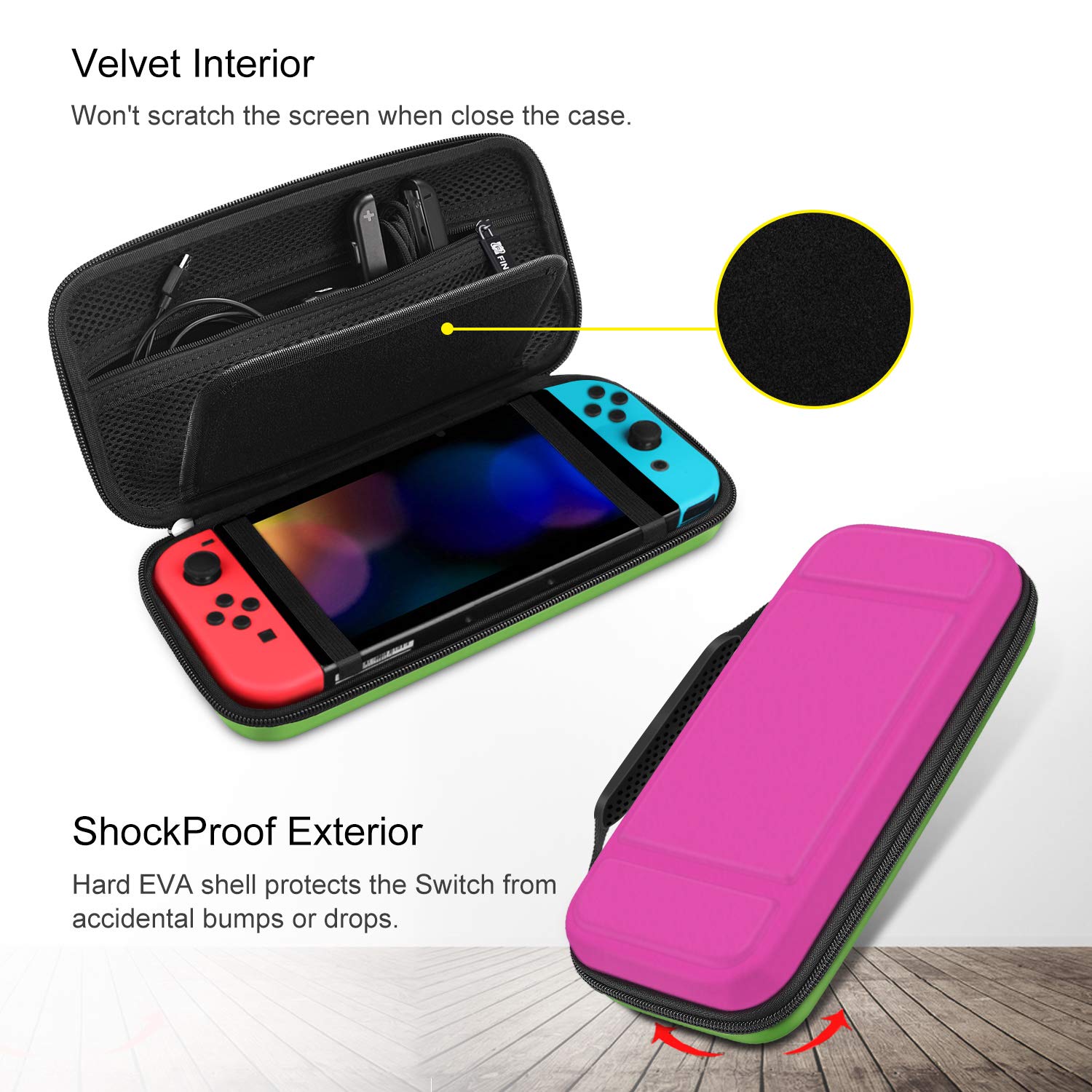 Fintie Carry Case for Nintendo Switch - [Shockproof] Hard Shell Protective Cover Travel Bag w/10 Game Card Slots, Inner Pocket for Nintendo Switch Console Joy-Con & Accessories, Magenta Green