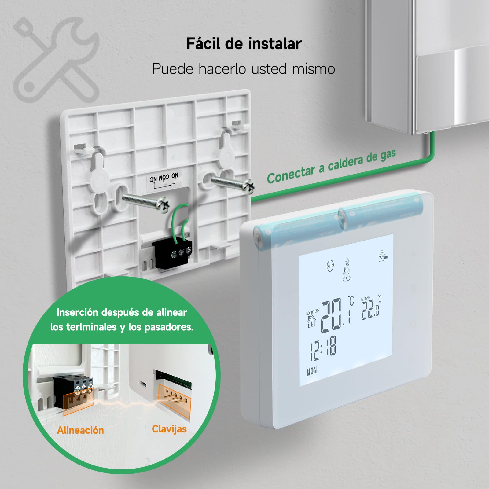 Beok - Termostato para caldera de gas de 2 cables, termostato de pared, termostatos programables con cable, termostatos de ambiente, alimentación por pilas 2 AA, sin función WiFi, batería no incluida