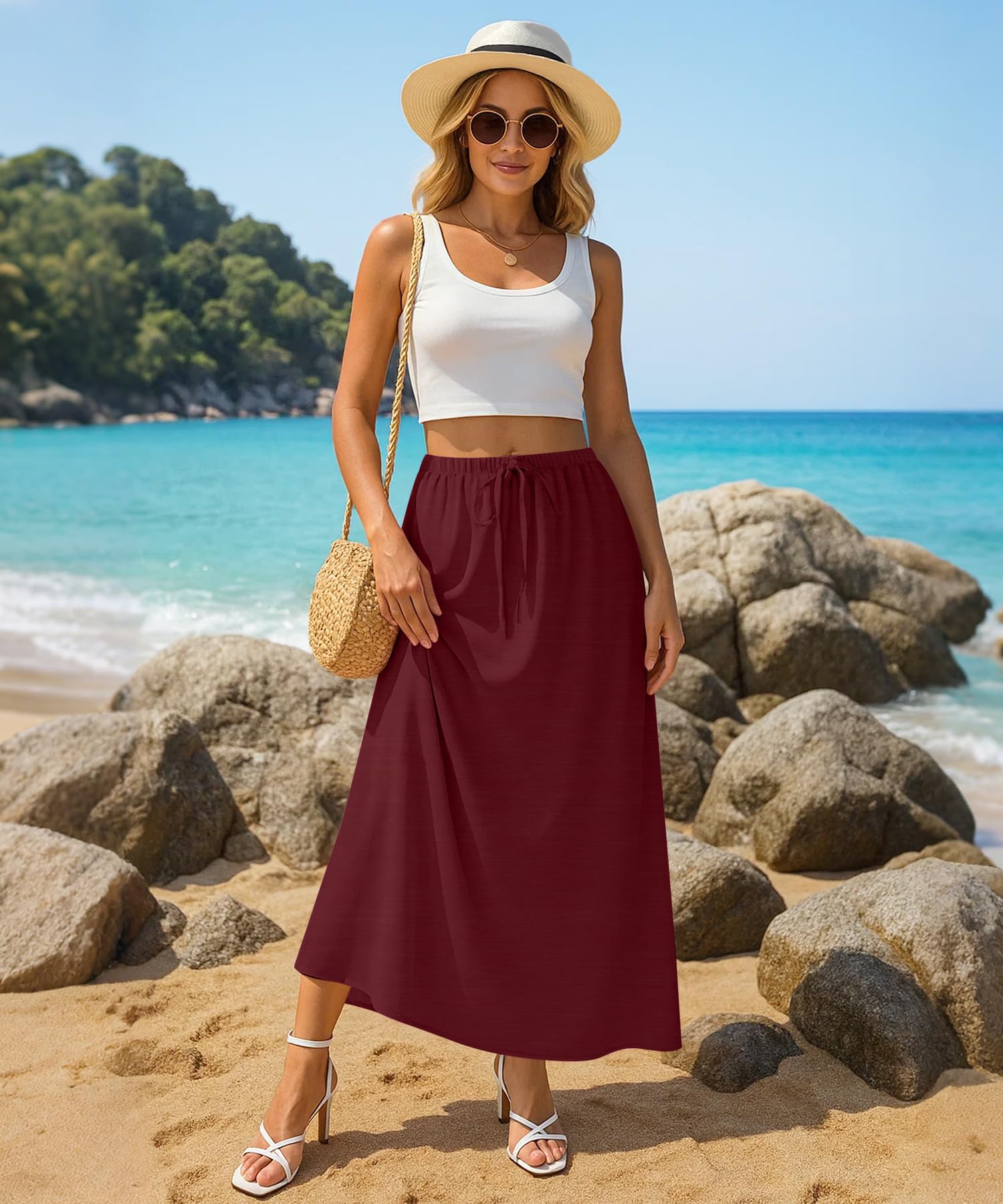 Condition photo showing New/Like New for NILOUFO Womens Maxi Skirts High Waisted Adjustable Elastic Waist with Pockets Beach Flowy Casual Long Skirt
