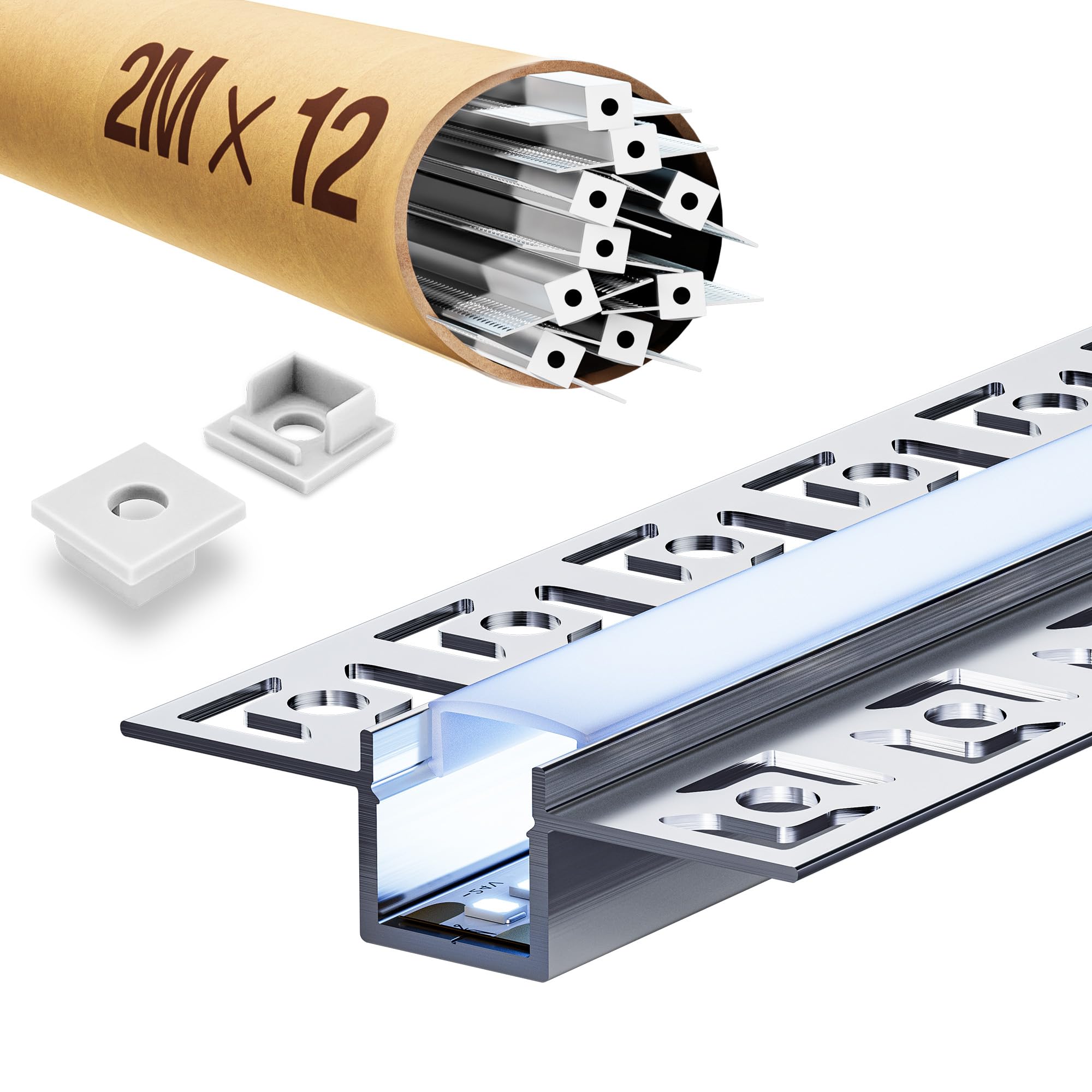 12 x profil LED do suchej zabudowy 2 m, szyna LED 2 m, profil aluminiowy, szyna podtynkowa i dyfuzor natynkowy do oświetlenia pośredniego sufitu