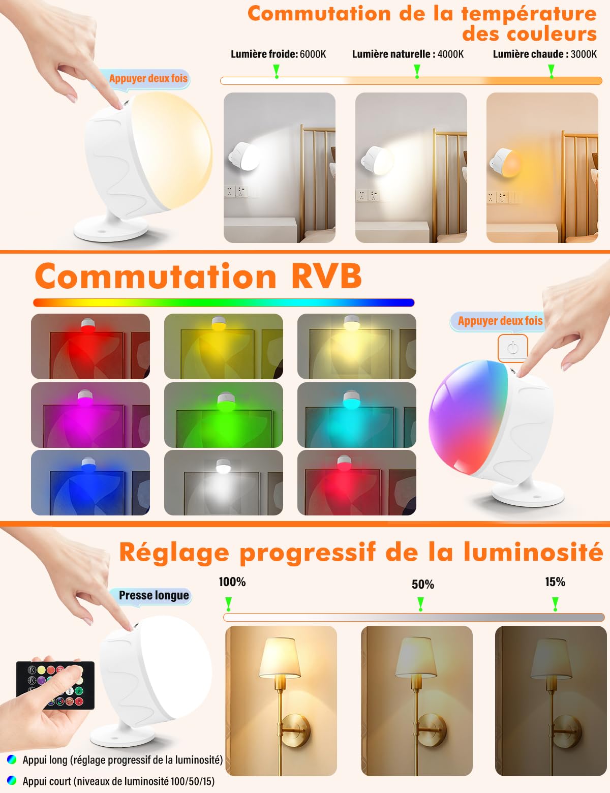 Ampoule Rechargeable USB-C avec Telecommande, E27 5W LED Ampoules Batterie de 2800mAh Tactile Dimmable avec 9 Couleurs RVB + 3 Températures de Couleur (3000K-4000K-6000K)