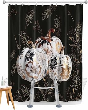 Split Shower Curtain for Transfer Bench Flower Sketch Oil Painting Pumpkin Waterproof Fabric Shower Curtain Set with Hooks Autumn Gold Leaves on Black Bathroom Bathtub Curtains,72" Wx72 L