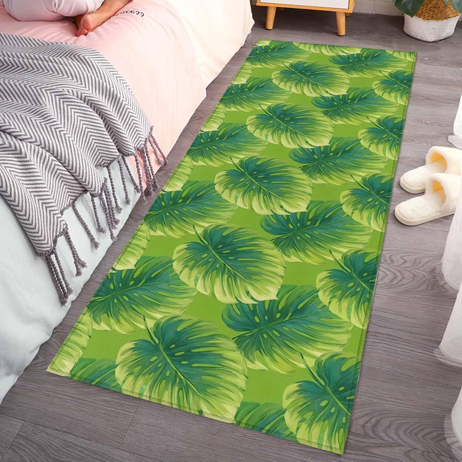 Teamery Kitchen Mats for Floor Watercolor Green Monstera Washable Non Slip Kitchen Rugs 1PCS, Summer Coastal Leaves Absorbent Standing Mats for Sink Bathroom Office Living Room 23.6x70.9in