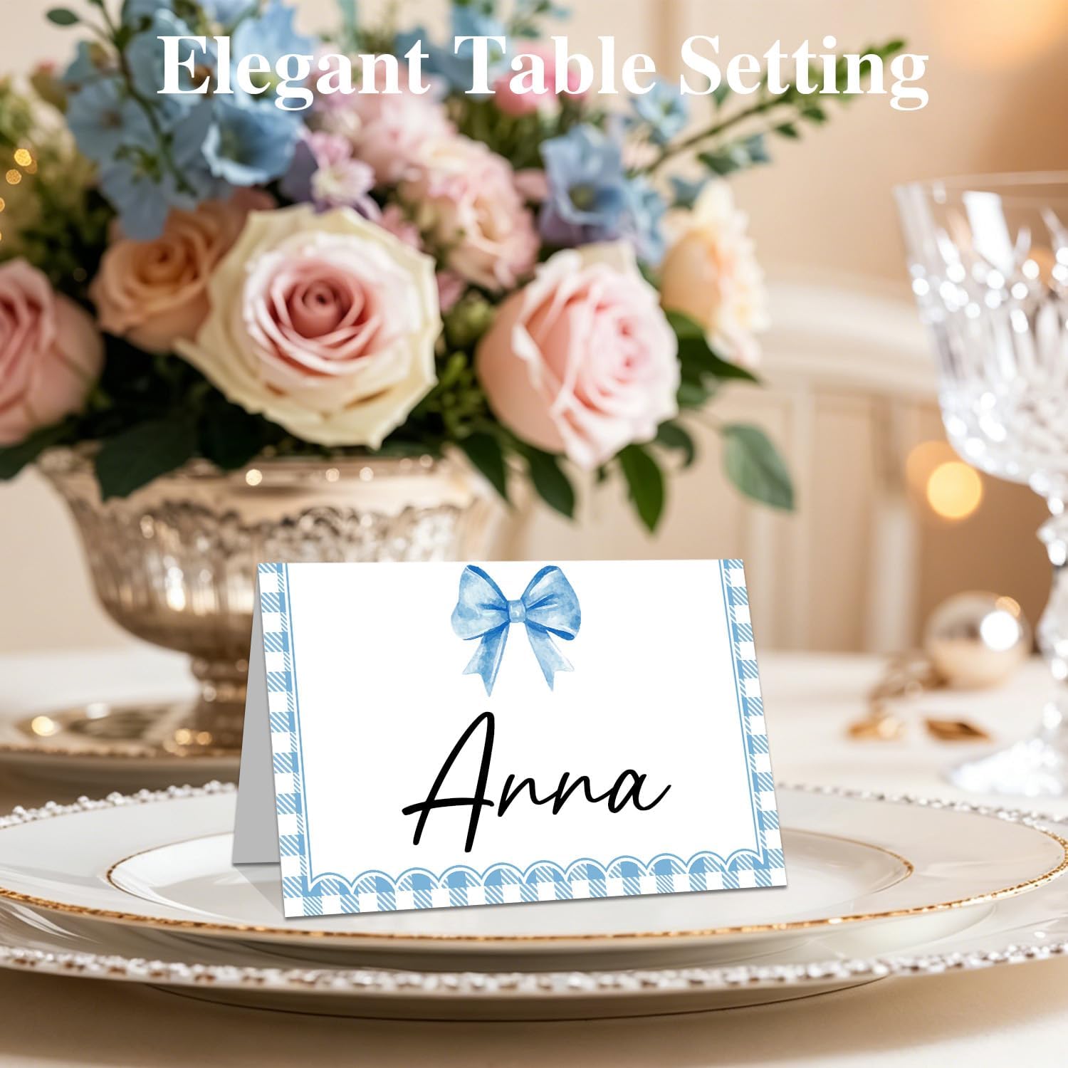 25Pcs Blue Bow Place Cards for Table Setting, Blue Gingham Tented Name Card, Seating Cards for Wedding Bridal Shower Birthday Party Banquet Dinner, 2.1 x 3.5 Inch (Folded) -05