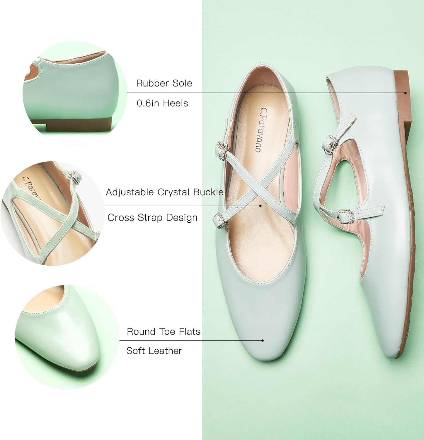 C.Paravano Women's Mary Jane Flats Almond Toe Ballet Flats Shoes for Women，Work, Casual and Daily Wear(Size 7,Green) - Image 4