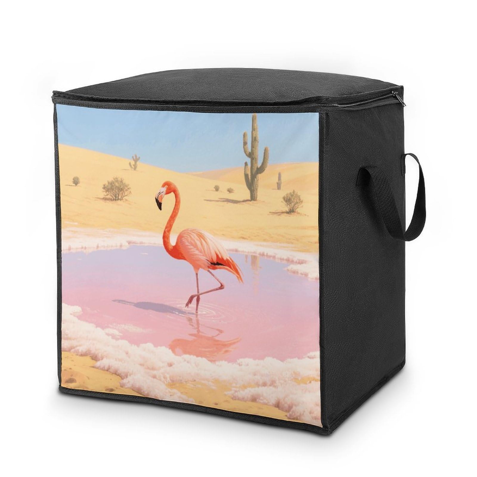 Orange Flamingo in Salt Lake Large Storage Bags with Zippered Storage Organizers Bag Clothes Storages Bins with Lids Foldable Storages Containers with Reinforced Handles for Blanket Bedding